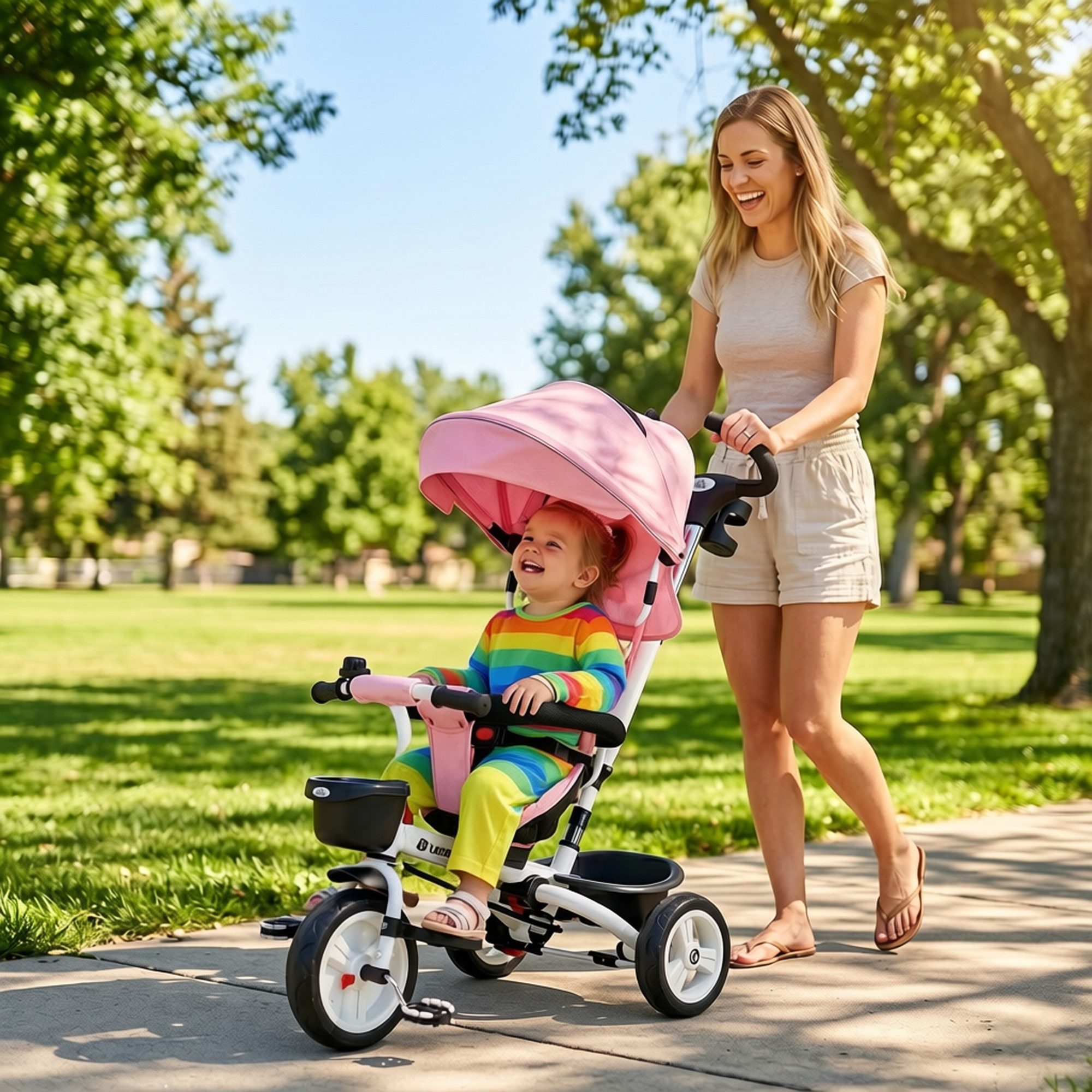 HOMCOM Dreirad 6 in 1 Kinderdreirad, vorwärts/rückwärts, Korb+Getränkehalter, für 1-5 Jahre Kinder, Rosa