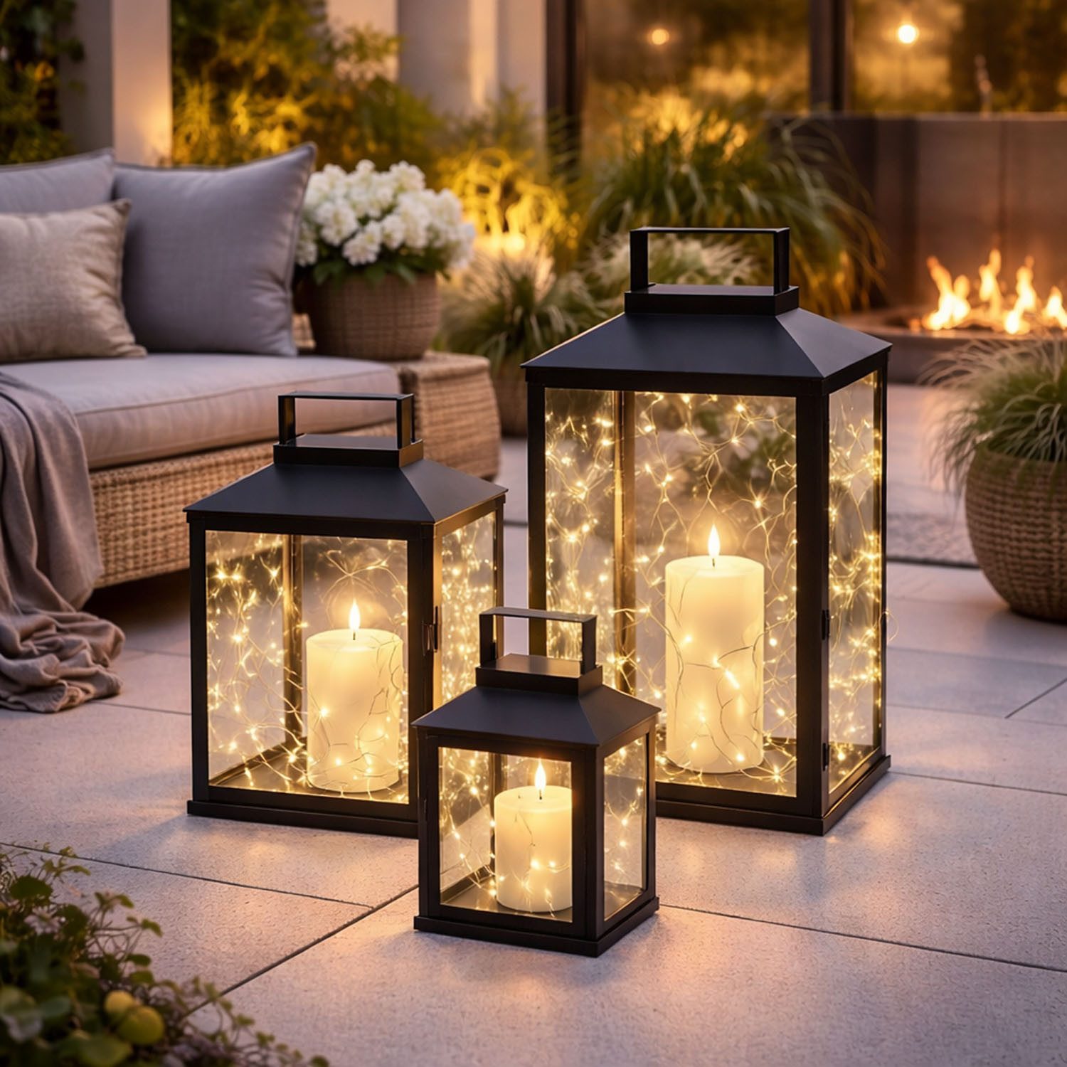 Mojawo Laterne 3er Gartenlaternen Laternen Metall Windlicht Schwarz H28/35/44cm