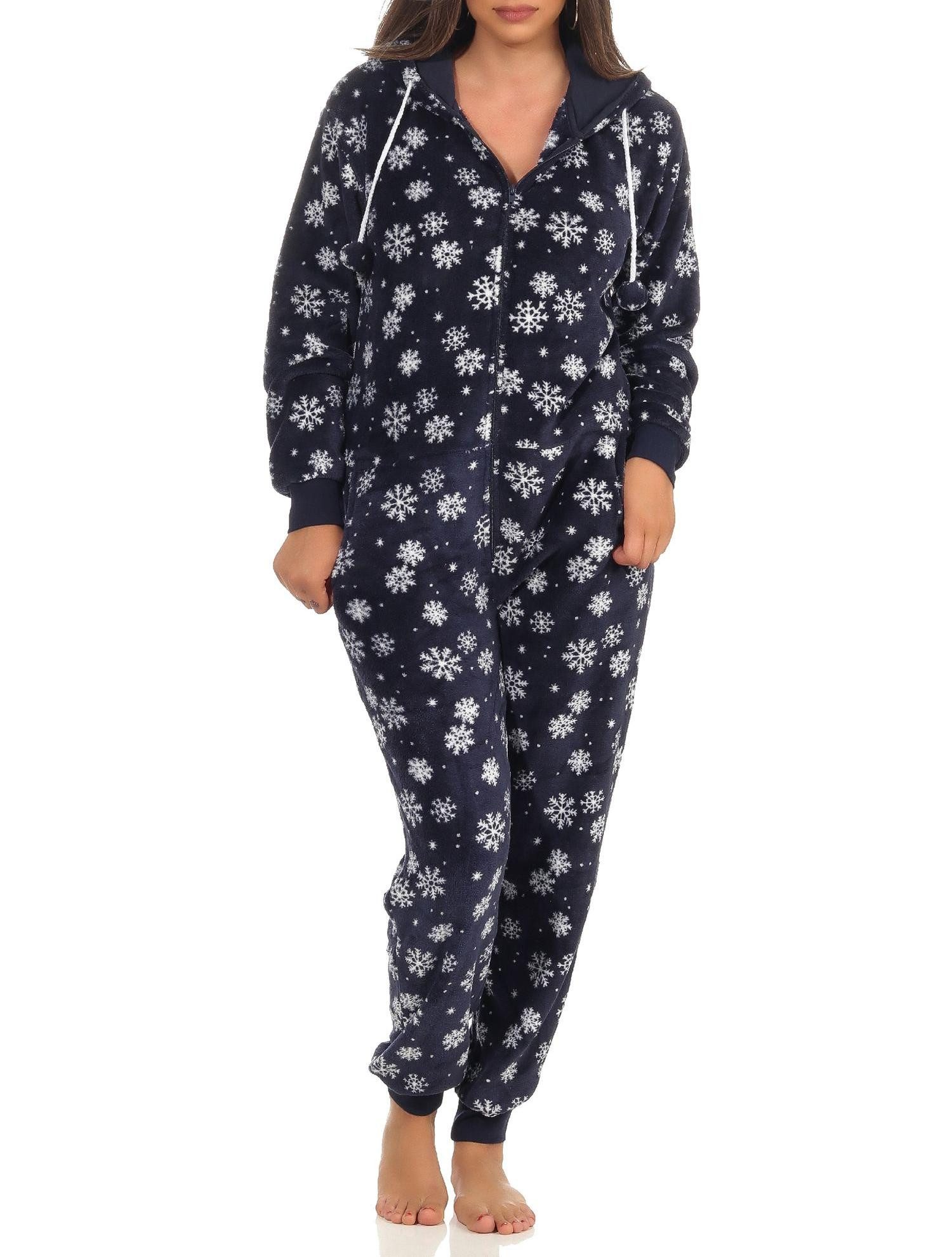 Normann Pyjama Wunderschöner Damen Jumpsuit Overall mit Kapuze im winterlichen Look