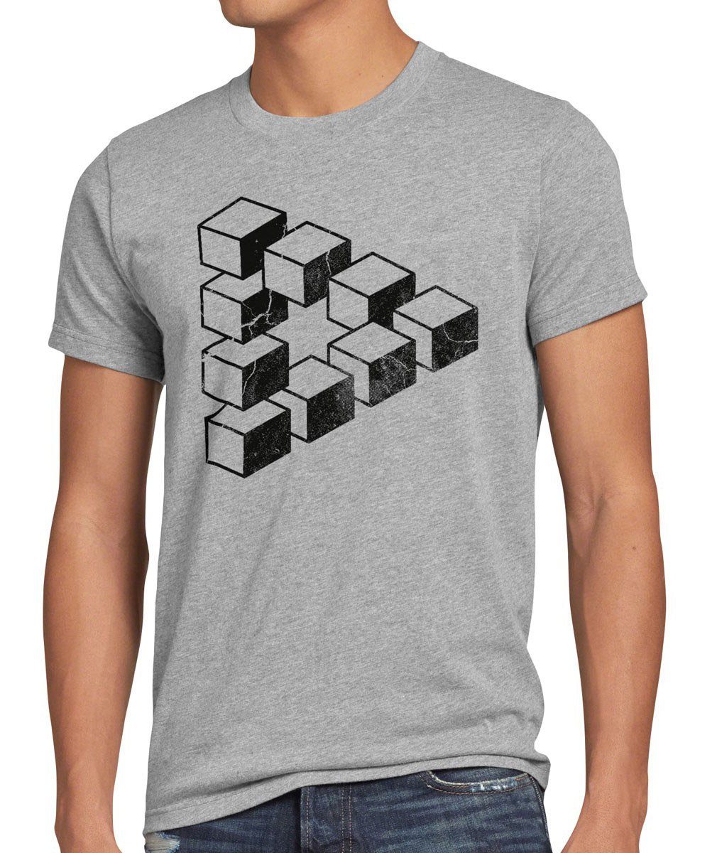 style3 Print-Shirt Herren T-Shirt Cube Big Sheldon würfel Escher Cooper Penrose Dreieck Theory bang grau meliert