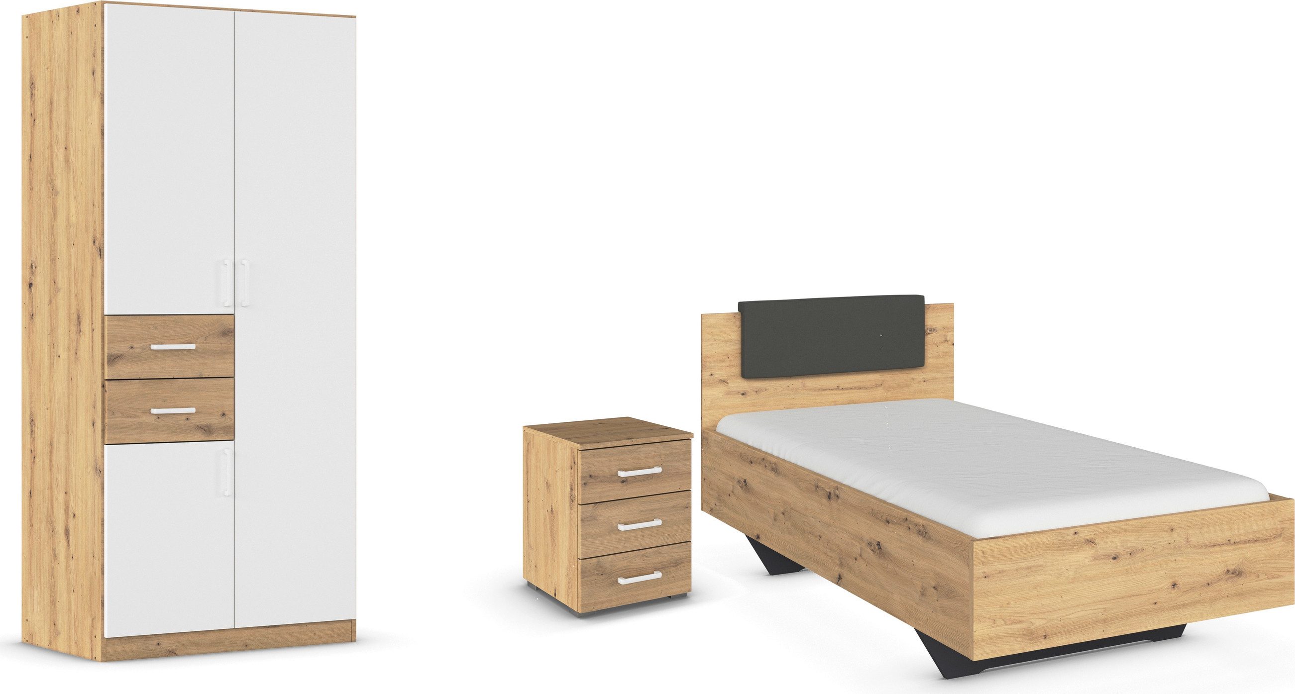 rauch Schlafzimmer-Set Maika, (Set, 3-St), Schrank in 3 Breiten und 2 Höhen, Bett 100x200 cm und Nachttisch