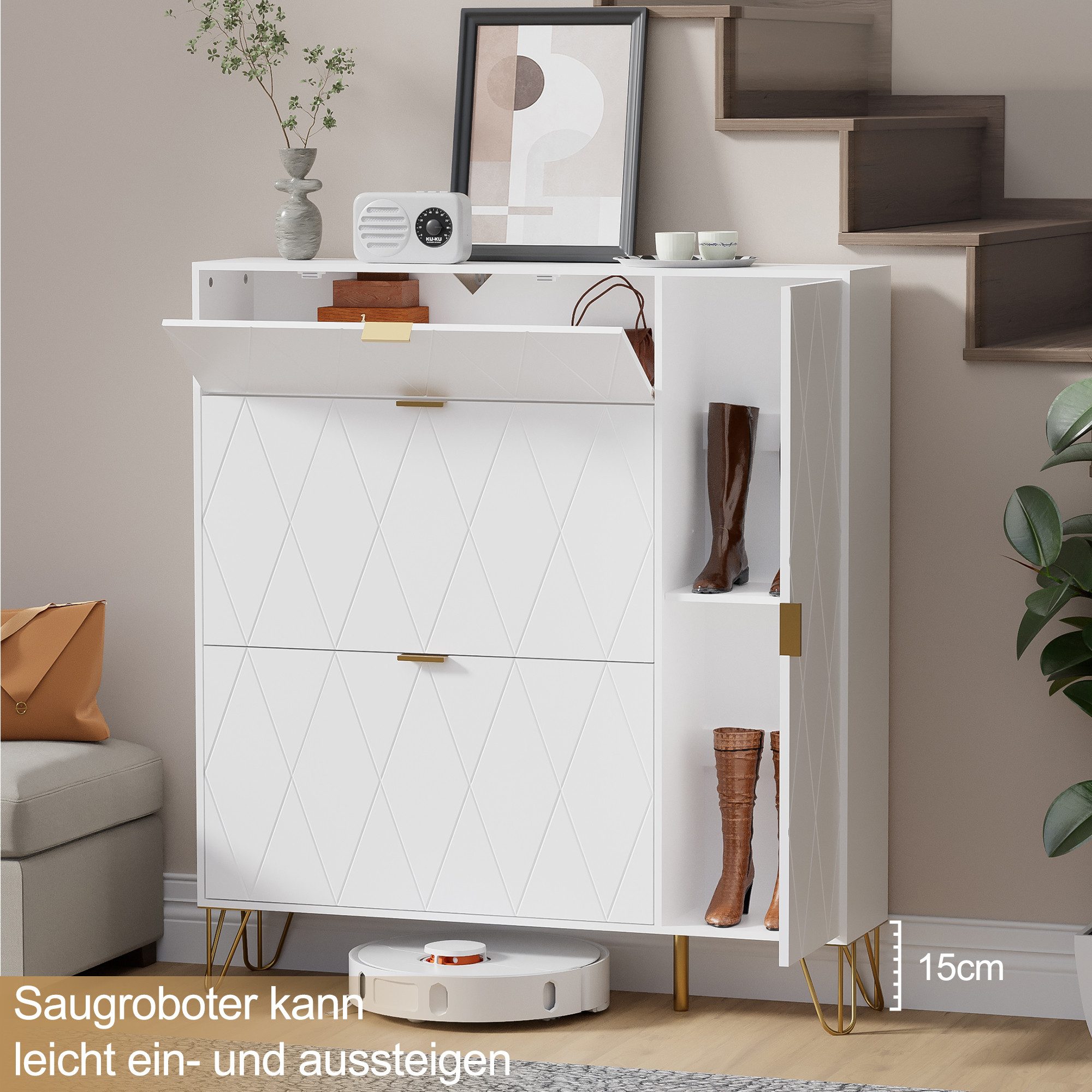 UEV Schuhschrank mit 4 Klappen schmal Schuhkipper Schuhregal (105x24x120cm) verstellbare und herausnehmbare Trennwände für verschiedene Schuhtypen