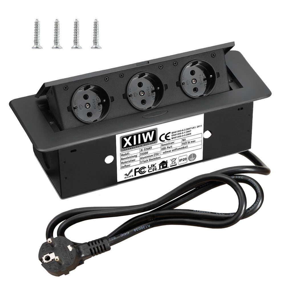 XERSEK Premium Mehrfachsteckdose Einbau Tischsteckdose Steckdosenleiste Einbau-Tischsteckdosenleiste 3-fach (Netzteil, USB-Anschluss, 3 Fach Versenkbare Unterbausteckdose Ecksteckdose Bodensteckdose (inkl. Netzteil, Kabellänge 1.8 m), 750℃ Schwer Entflammbar, aus Alu, 230V, Schwarz, für Büros Boden Küche, Kabellänge 1.8 m)