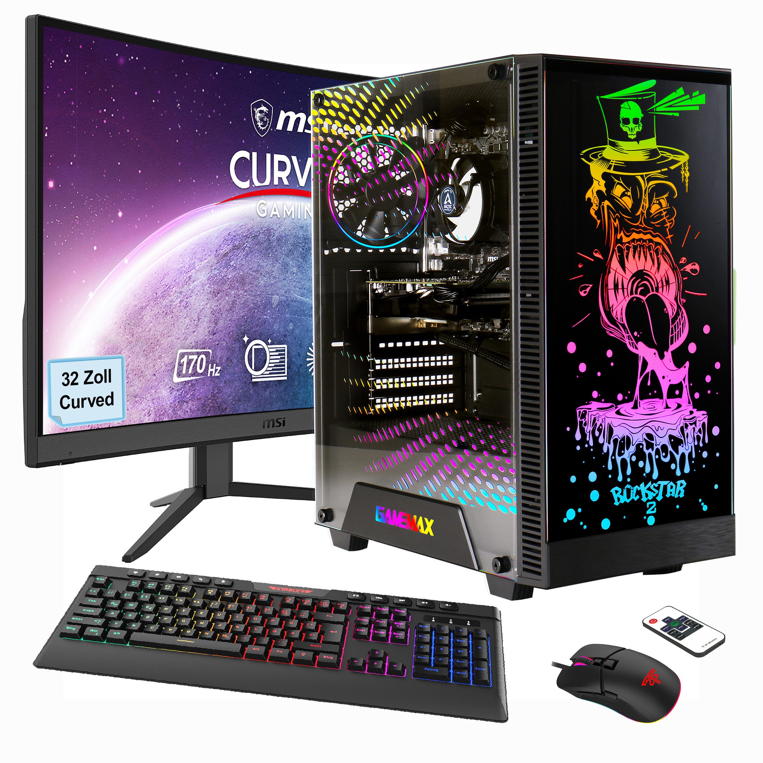 GAMEMAX Multimedia-PC Rockstar SET02498 PC-Komplettsystem (32", AMD Ryzen 5 5600G, Radeon Graphics, 16 GB RAM, 1000 GB SSD, Windows 11 + MSI G32C4 E2 Monitor Curved 80cm (32)