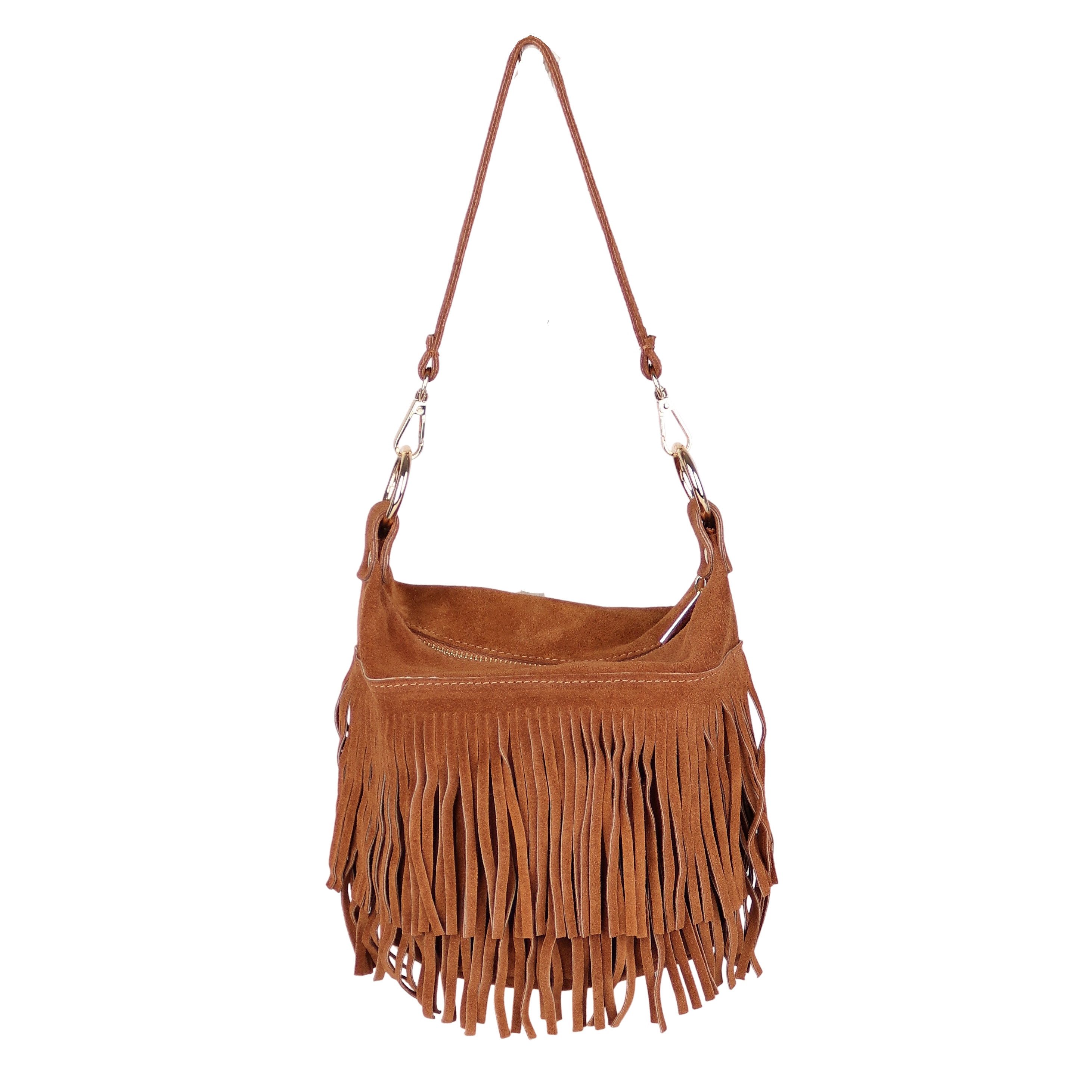 MIRROSI Umhängetasche Damen Tasche aus Echtleder Wildleder –mit Fransen ca.22x20x15 cm (Made in Itlay), Crossbody aus echtem Leder, mit 2 Riemen