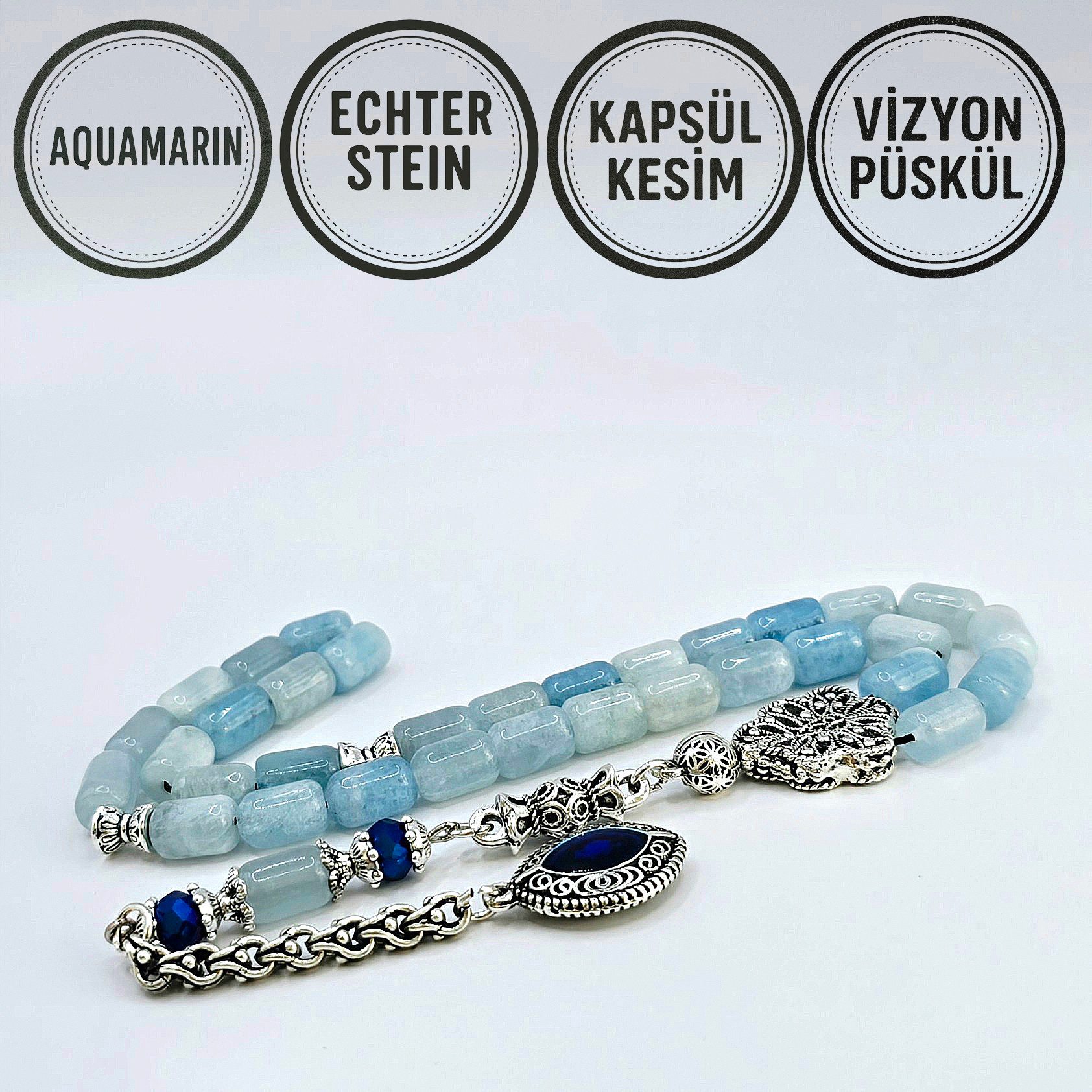 M-Punkt24 Kettenanhänger Tesbih Tespih Echte Steine Gebetskette Misbaha Rosary (Aquamarin), Echte Steine