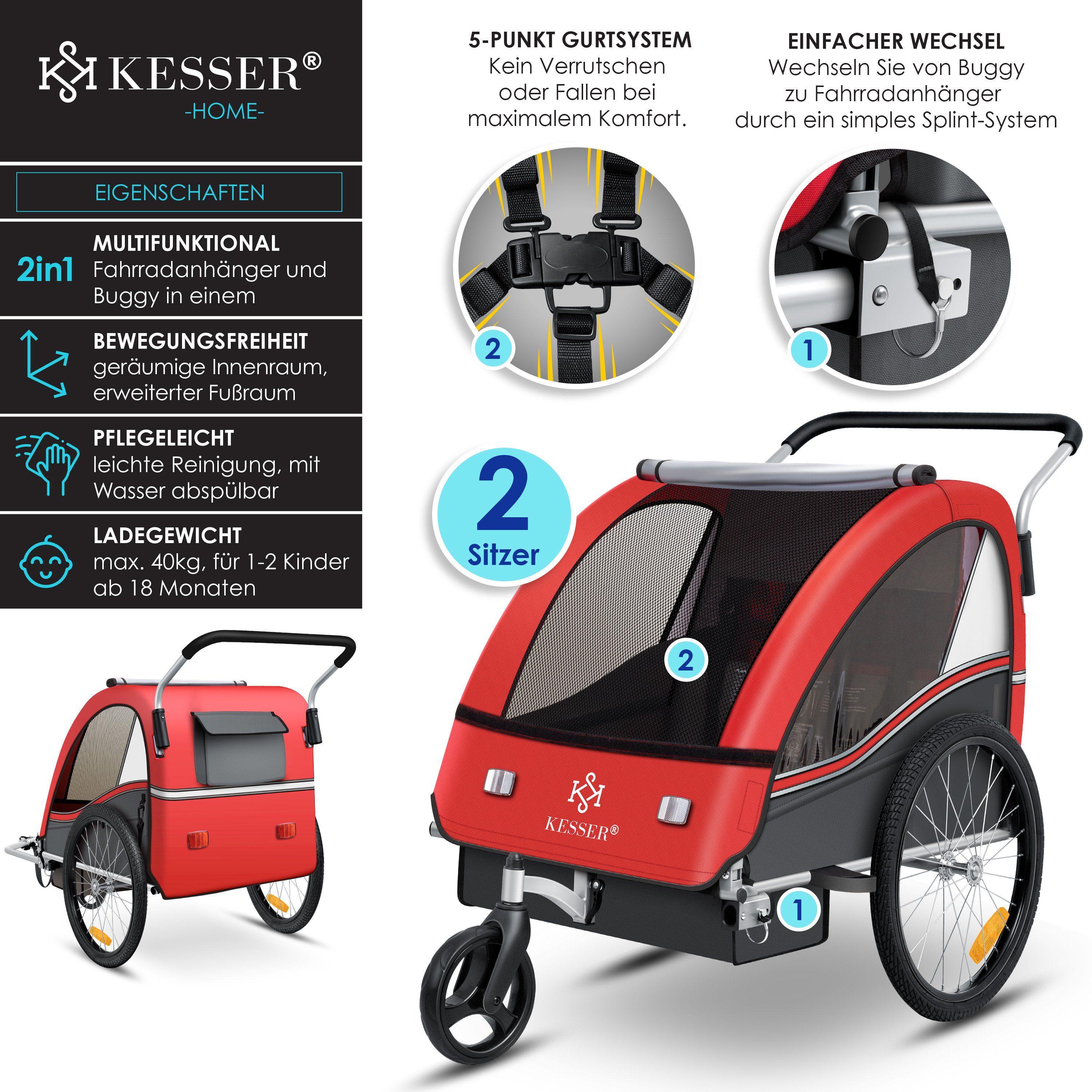 KESSER Fahrradkinderanhänger, Kinderanhänger Fahrradanhänger Sport-RX in Joggerfunktion