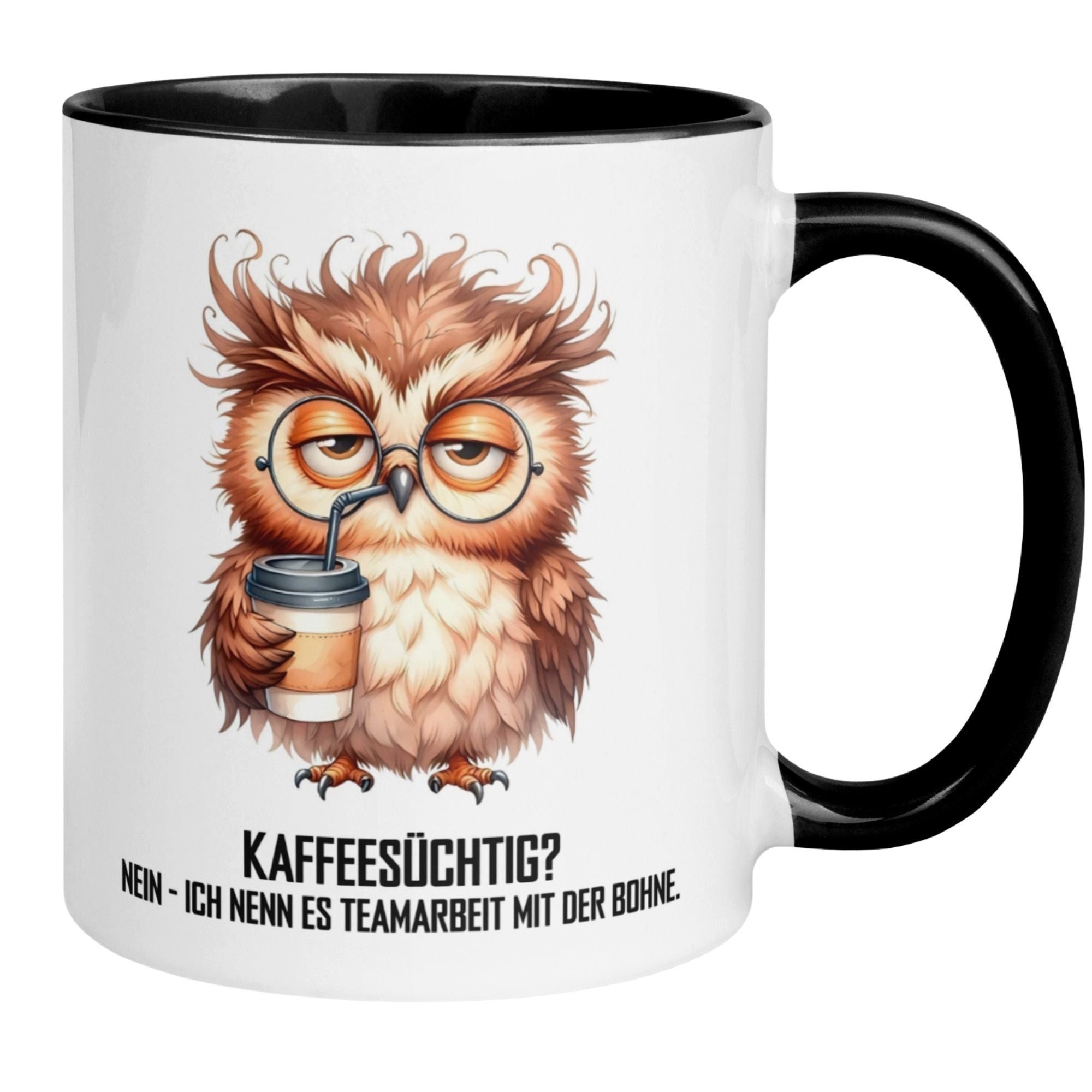 Momentals Tasse Eule – „Teamarbeit mit der Bohne“ – lustiger Eulen Geschenk Becher, Gratis Versand · Links-&Rechtshänder · Spülmaschinenfest