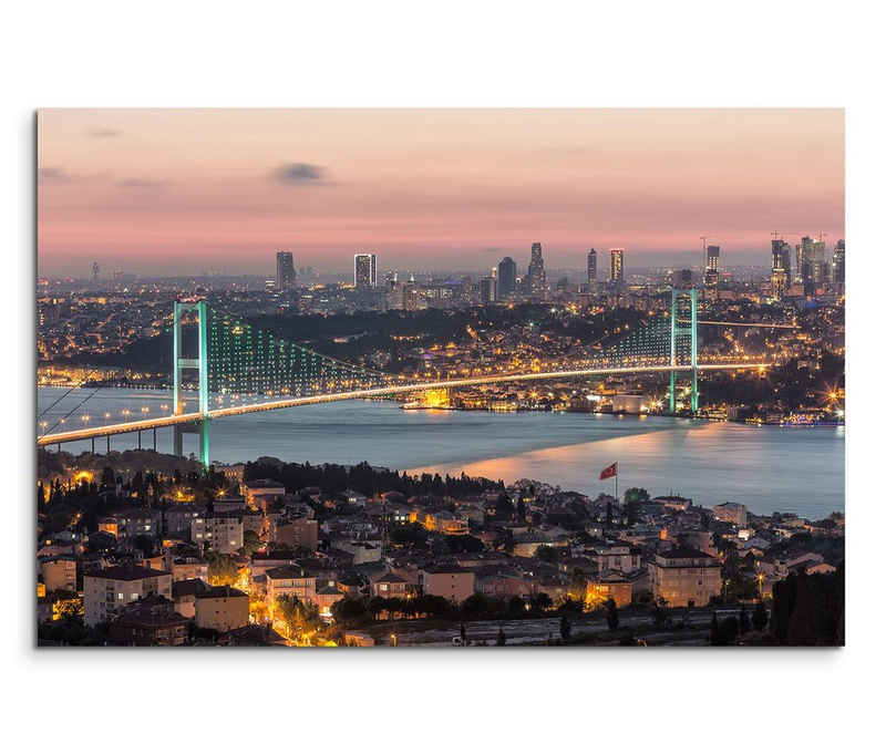 Sinus Art Leinwandbild 120x80cm Wandbild Istanbul Bosporus Brücke Stadt Lichter Nacht