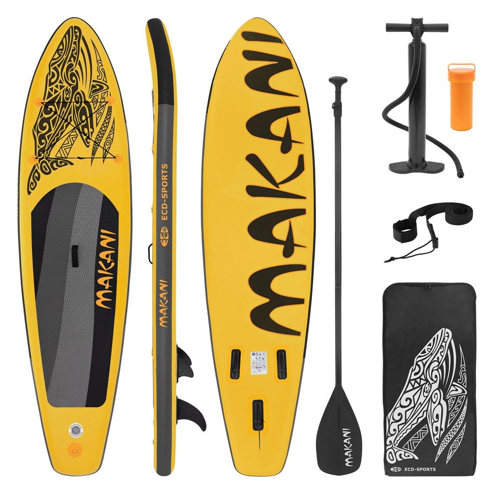 ECD Germany SUP-Board Stand Up Paddle Board aus PVC Paddelboard Paddling Board, Stand-Up Paddle-Board, SUP Board 320x80x15 cm 120 kg Traglast rutschfest gelb inkl Zubehör