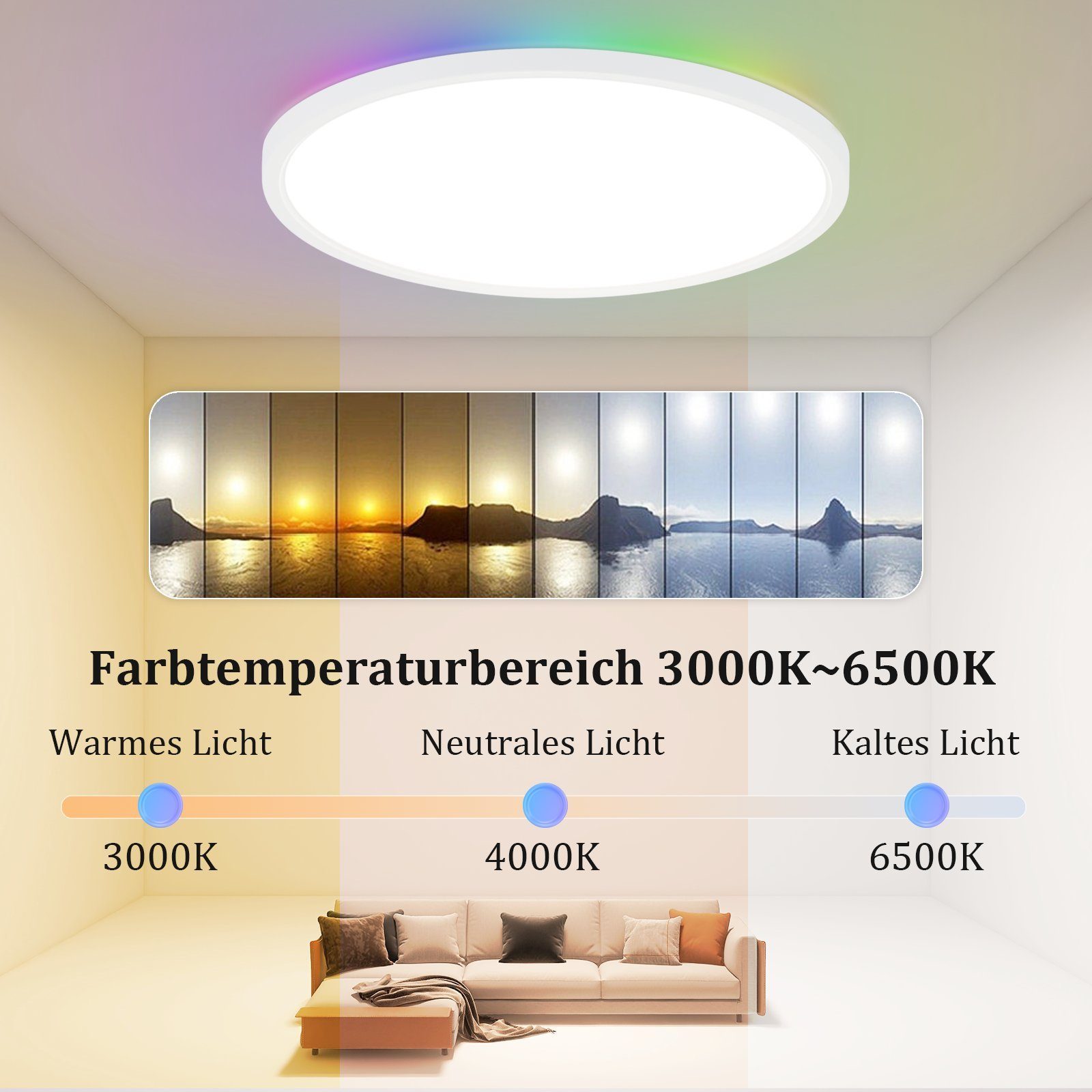 Hintergrund 2700k-6500k, ZMH Sternenhimmel Dimmbar Deckenleuchte Eckig LED Flach Tageslichtweiß RGB