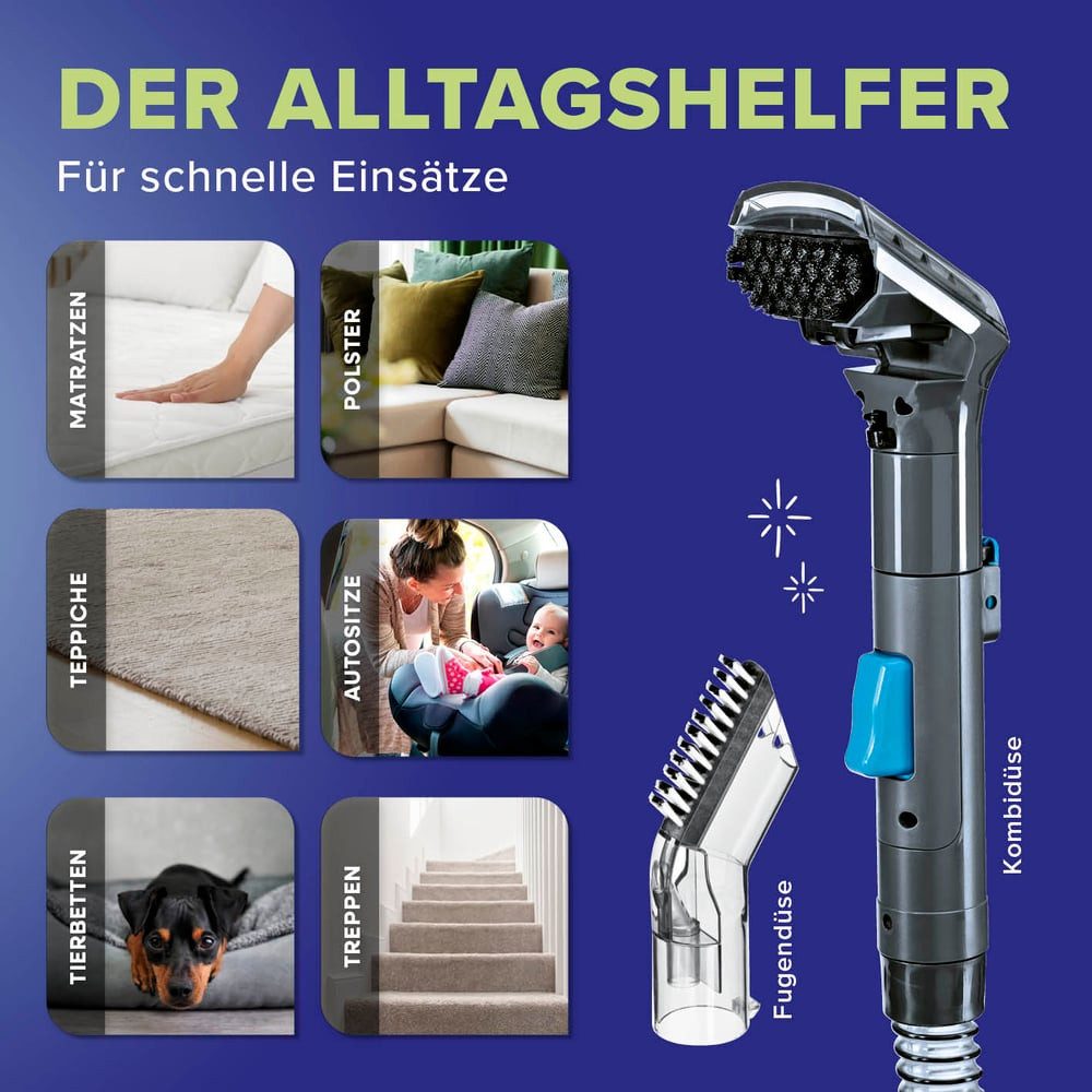 Lichterblitz Teppichreinigungsgerät Waschsauger & Polsterreiniger Gerät Kompakt – saugt, bürstet, sprüht, 400 W, Nass Trockensauger Teppichreiniger entfernt Flüssigkeiten & Flecken