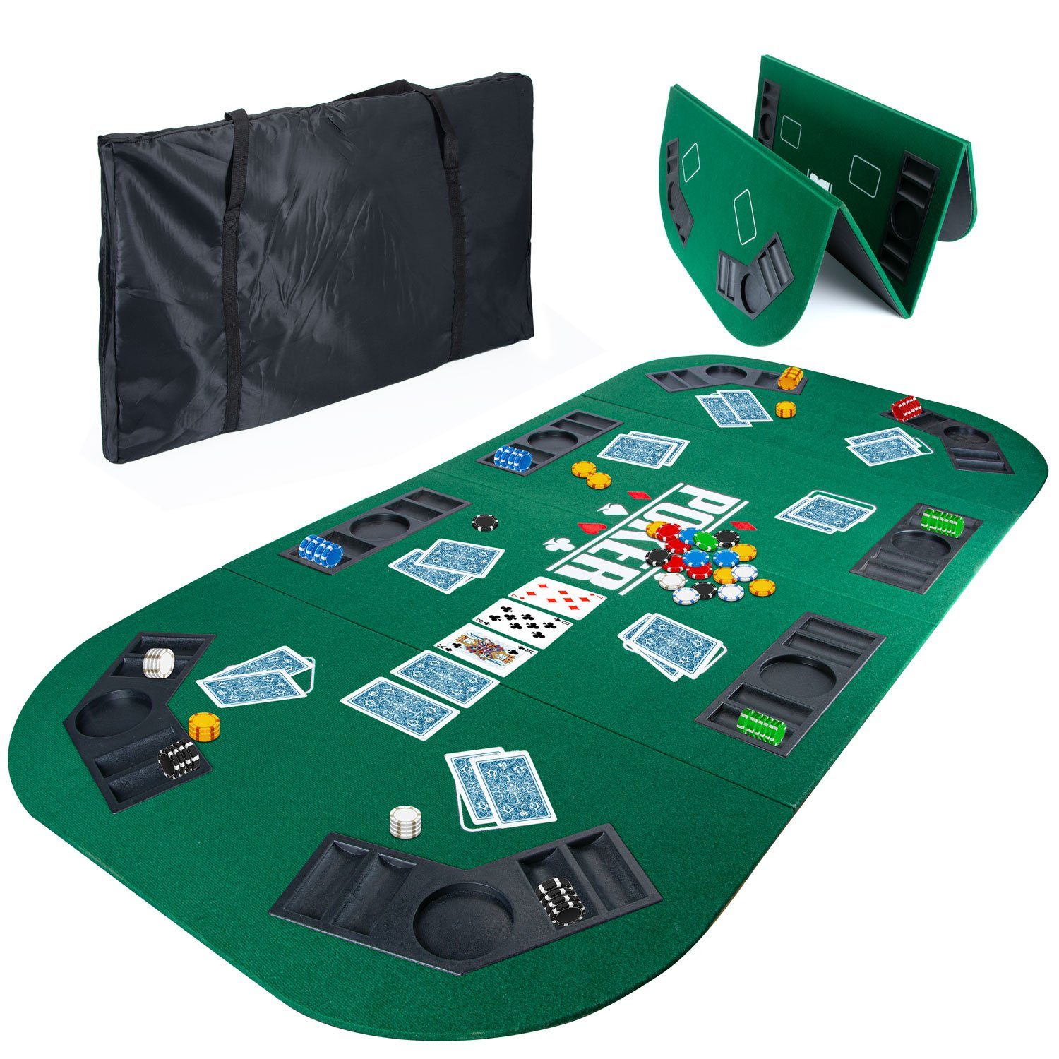 Goods+Gadgets Spiel Faltbare Poker Tischauflage 160x80 cm mit Chiptray & Getränkehalter, Poker-Tisch-Auflage, Casinotisch