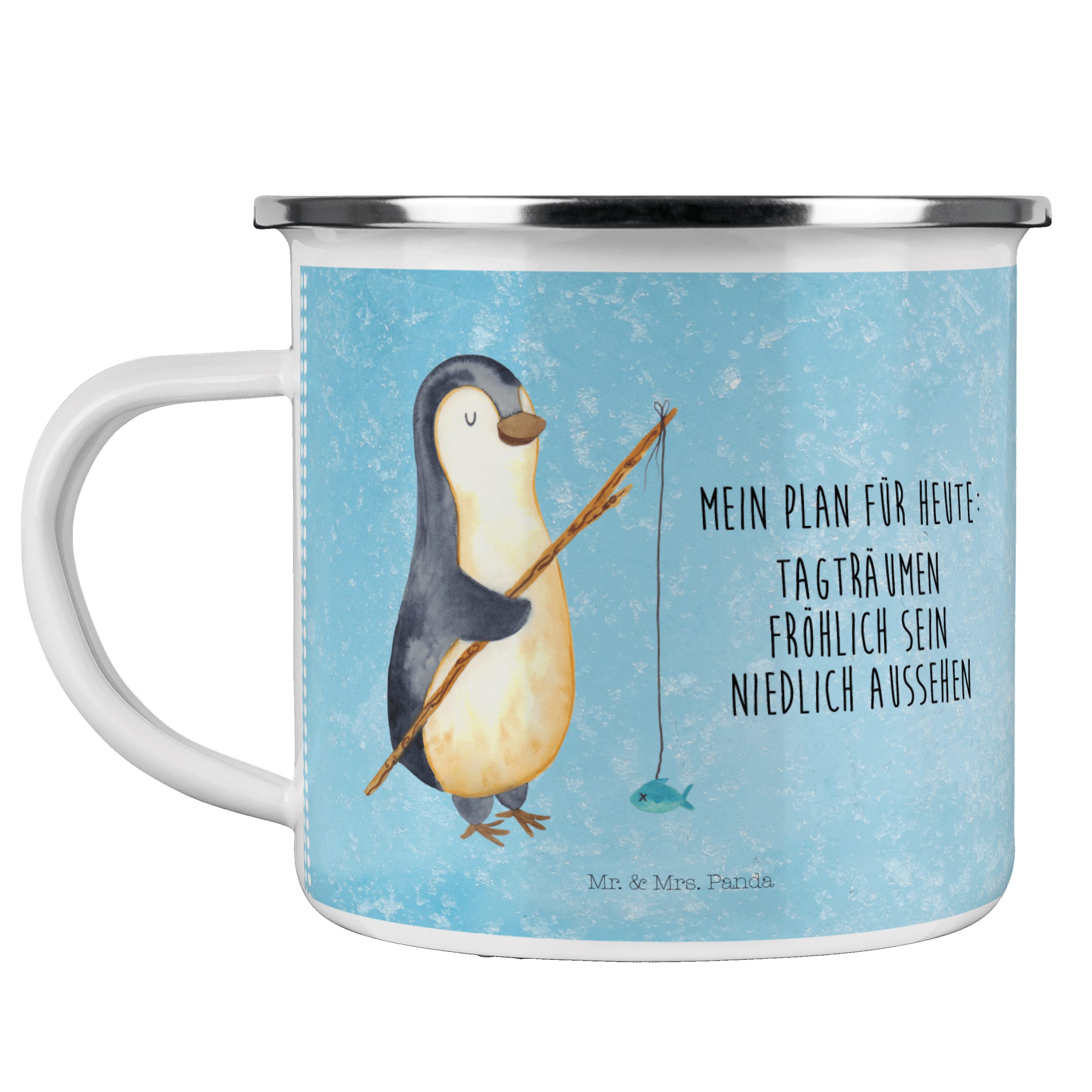 Mr. & Mrs. Panda Becher Pinguin Angler - Eisblau - Geschenk, Angelurlaub, Hobby, Emaille Trin, Emaille