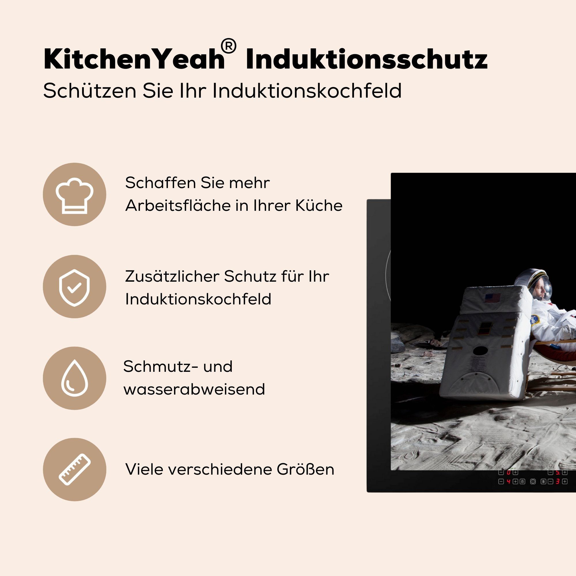 Herdblende-/Abdeckplatte MuchoWow Astronaut Schutz die für Mond Vinyl, Fernsehen, (1 cm, Ceranfeldabdeckung Induktionskochfeld küche, - tlg), - 81x52