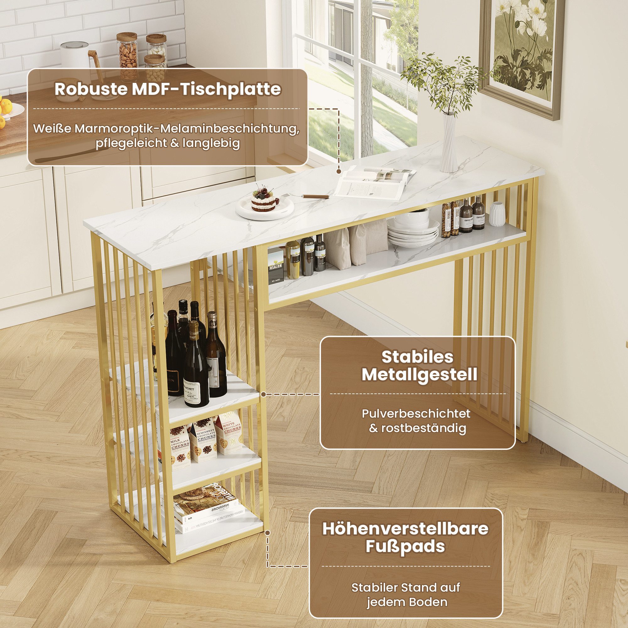 Flieks Bartisch Stehtisch mit MDF-Tischplatte in Marmoroptik, 4 Ablageflächen (140×40×105 cm, 1-St., 1 Tisch), rechteckig Esstisch mit Stauraum Küchentisch, Met – Bild 5 von 5