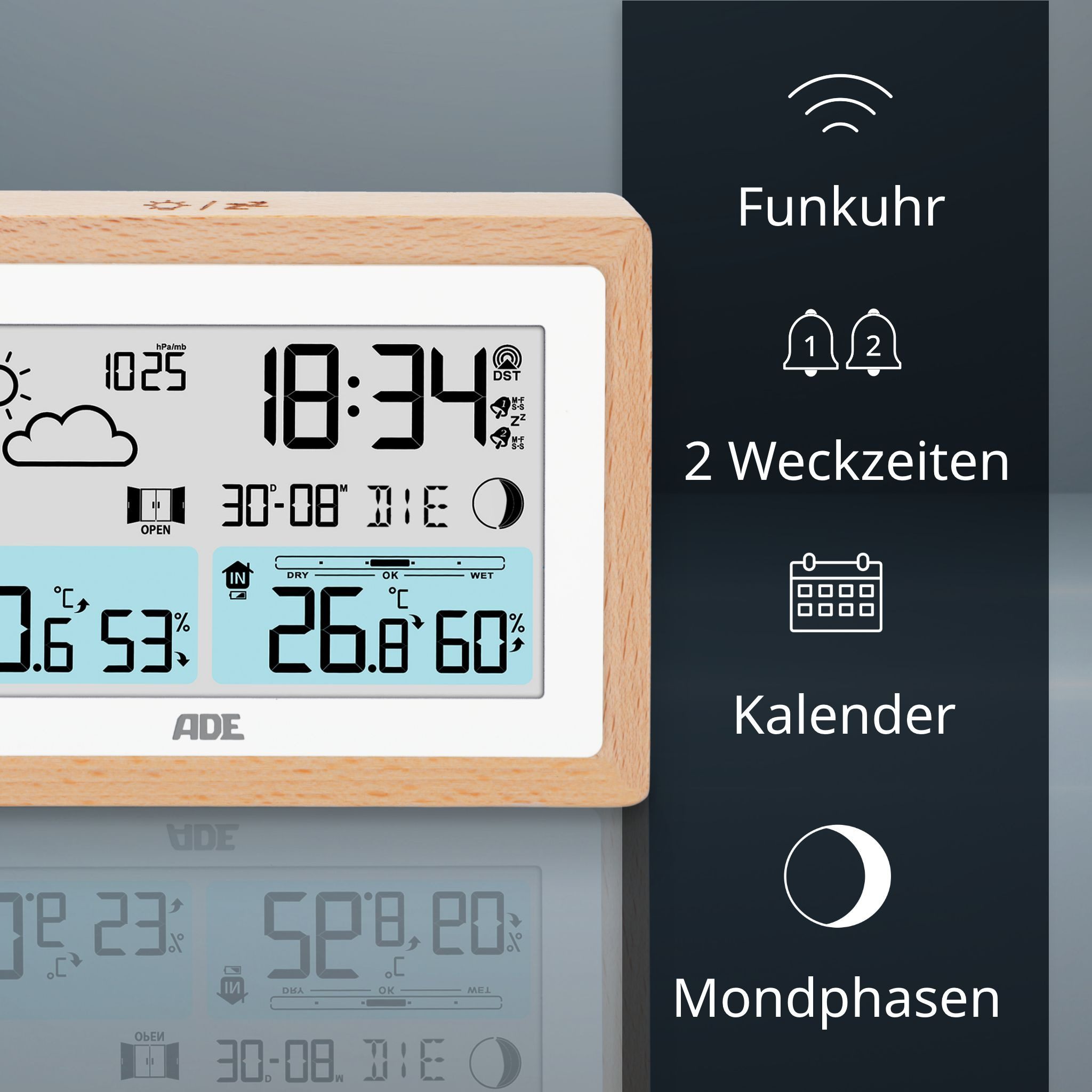 ADE Wetterstation mit Außensensor und Netzteil Funkwetterstation (Außensensor, Netzkabel, Wettervorhersage, Funkwecker, Kalender, Lüftungsempfehlung)