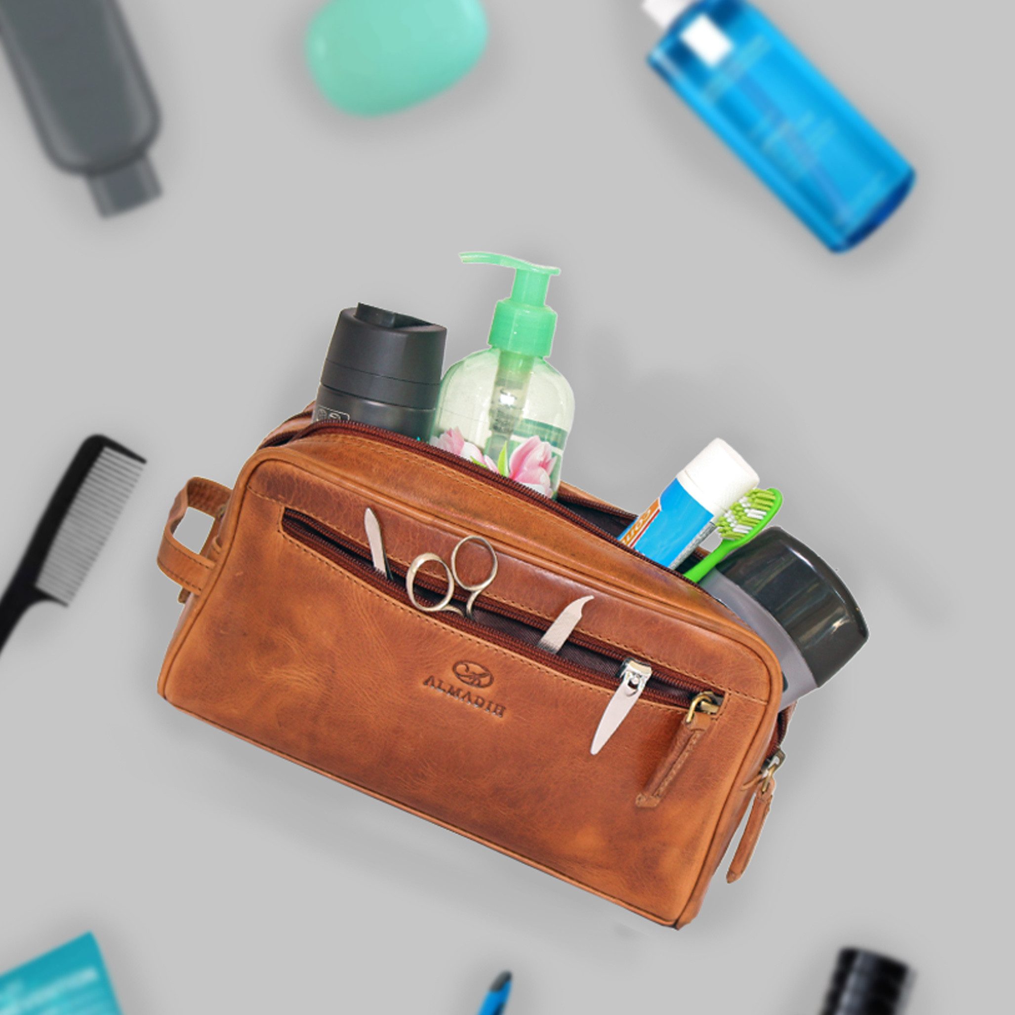 ALMADIH Kulturbeutel Leder Kulturtasche groß für Damen und Herren Kosmetiktasche Braun