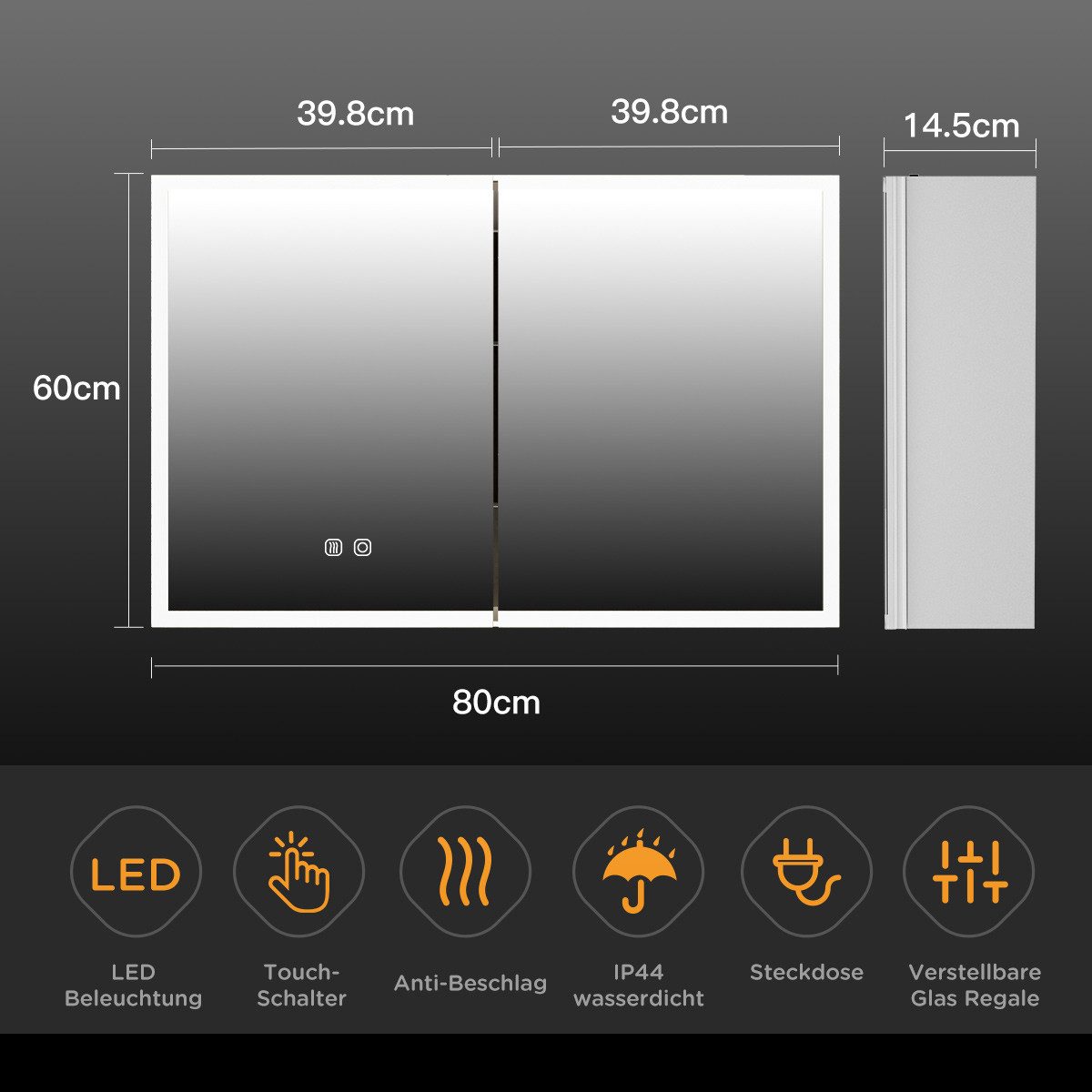 Gunuss Badezimmerspiegelschrank mit Beleuchtung 80 x 60 cm, Spiegelschrank günstig online kaufen