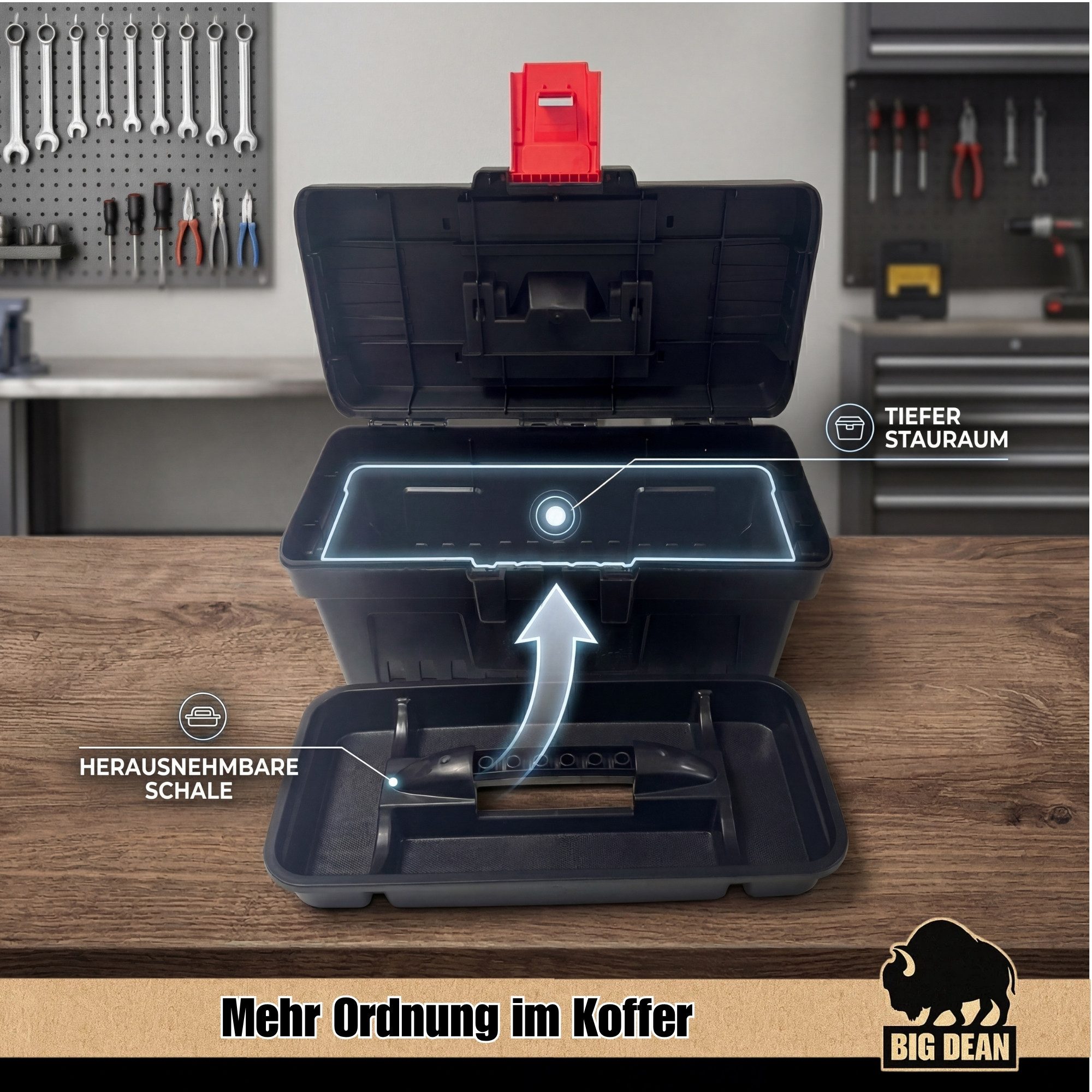 BigDean Werkzeugkoffer Leer 32cm Lang mit Herausnehmbarer Ablage (Packung, 1 St., Werkzeugkoffer), Robust, Vielseitig, Kompakt
