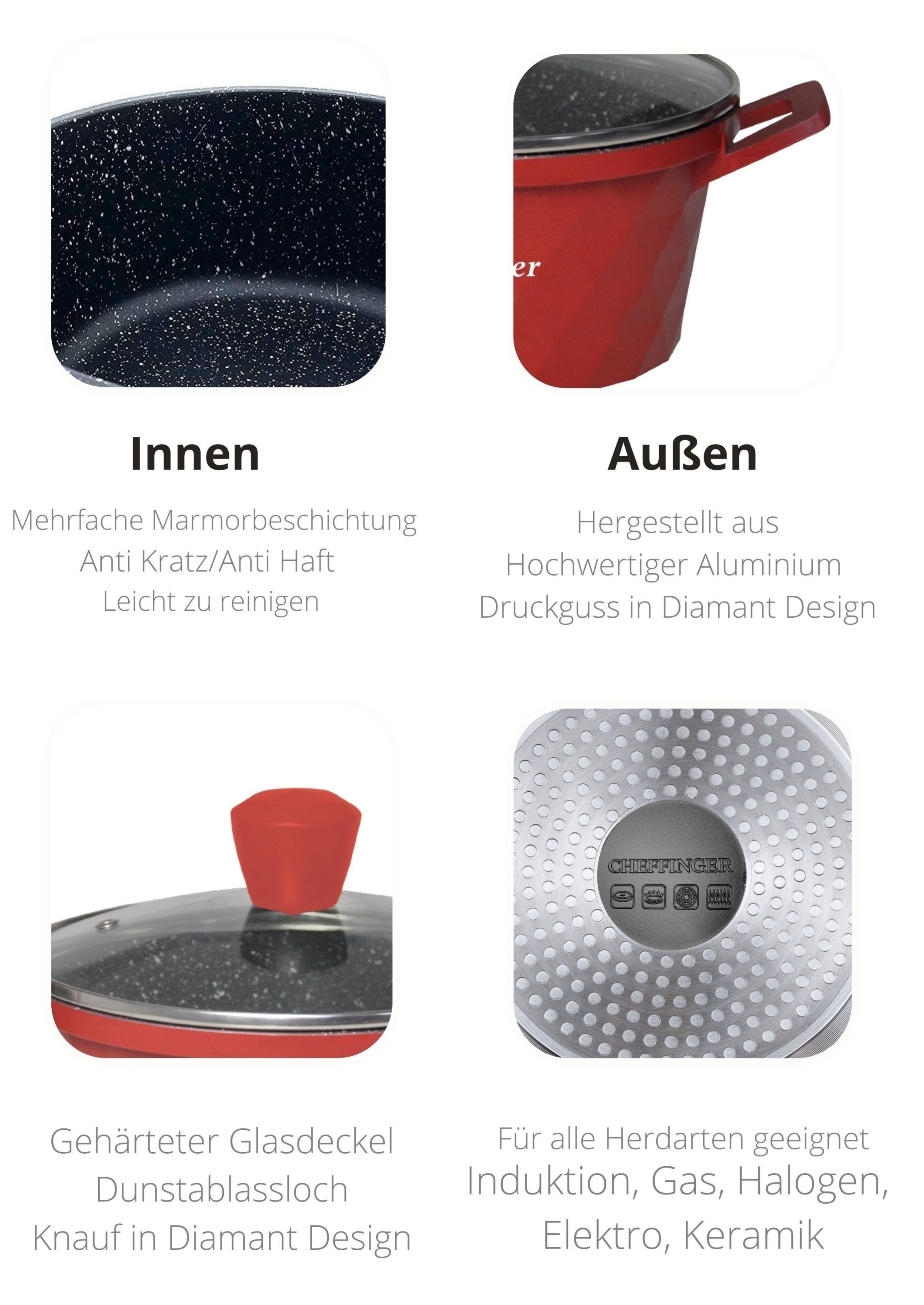 Cheffinger Topf-Set Kochtopf Kasserolle Topf Set 6-tlg rot Glasdeckel Induktion, Material: Aluminium, Glas
