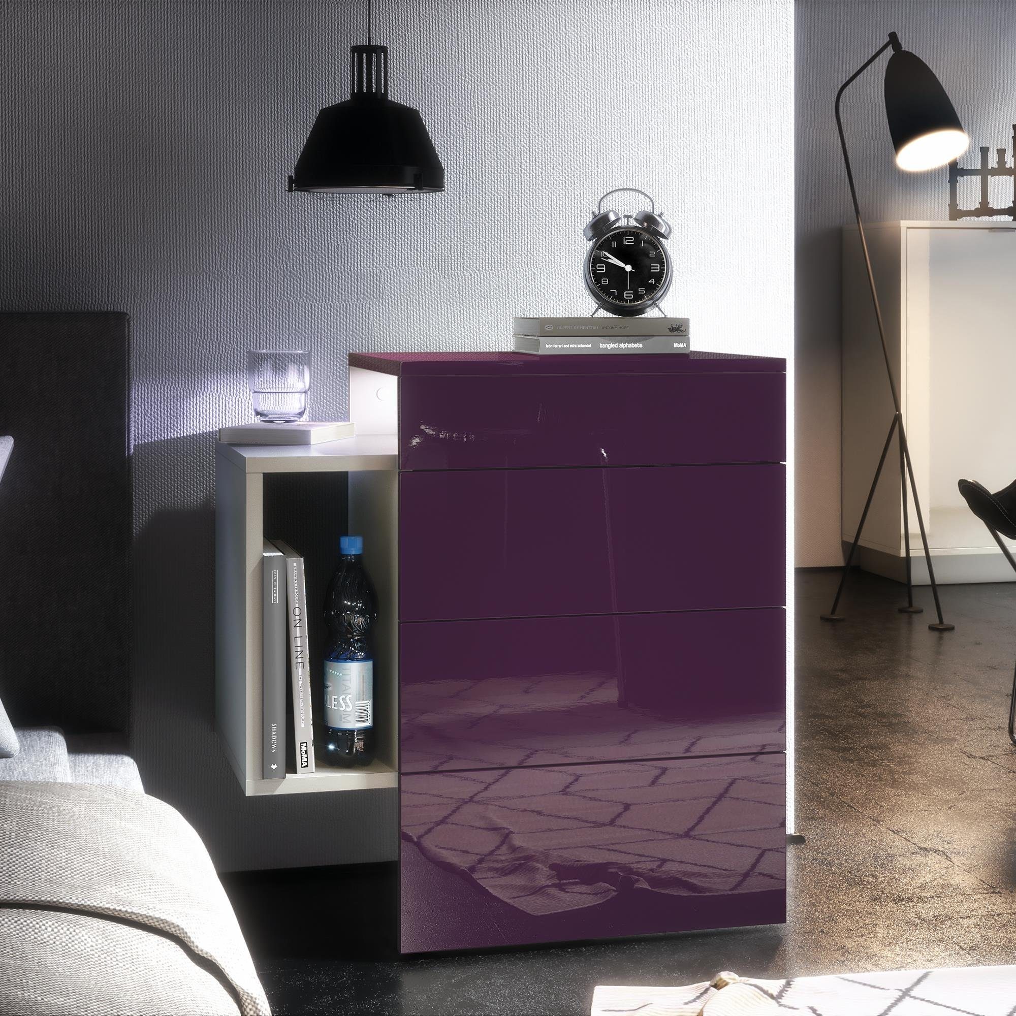 Vladon Nachttisch Queens (Nachttischschrank mit 2 Schubladen, und 1 seitlichem Fach zur Wandmontage), Weiß matt/Brombeer Hochglanz inkl. LED-Unterbaustrahler (60x63x36 cm)