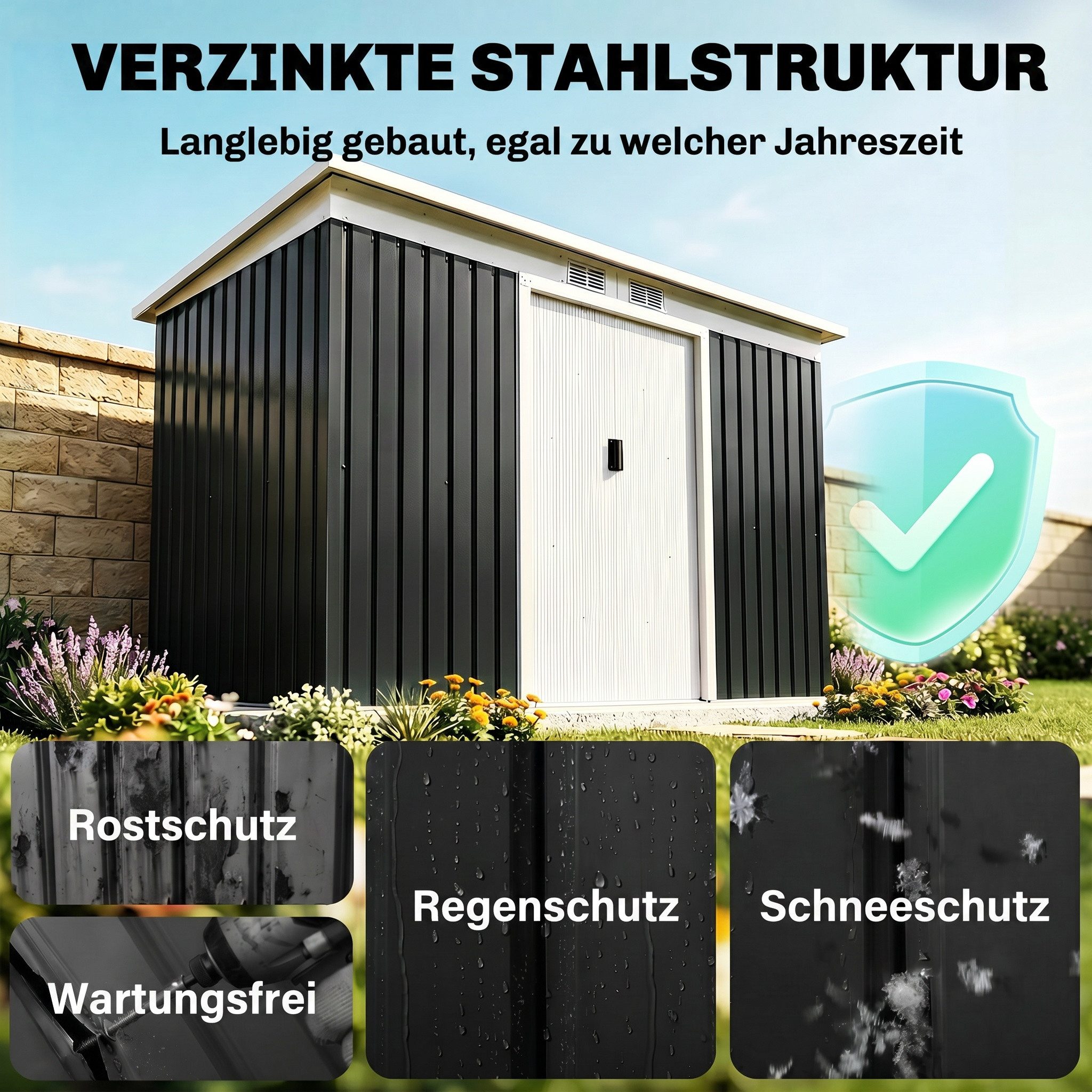 Outsunny Gerätehaus Gartenhaus mit Schiebetür, Fenster, Stahl, BxT: 280x130 cm, (Schuppen, 1 St., Geräteschuppen), für Garten, Dunkelgrau