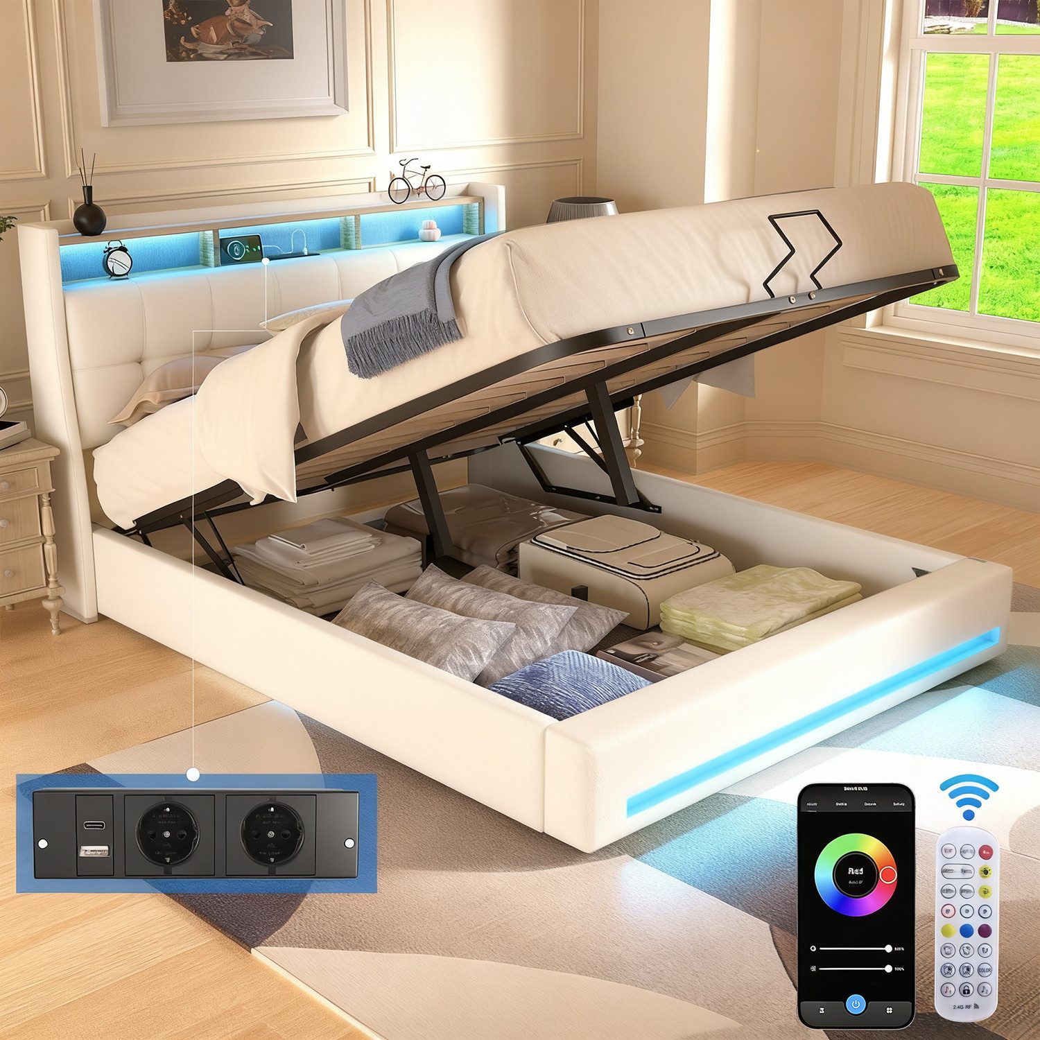 oyajia Polsterbett Doppelbett mit LED Licht 140x200cm,Hydraulisch anhebbarer Stauraumbett (Mit Lattenrost und Ladefunktion, Leinenmaterial Polsterbettt), Modernes Jugendbett, Leises Design Bett, Max. Belastbarkeit 350 kg