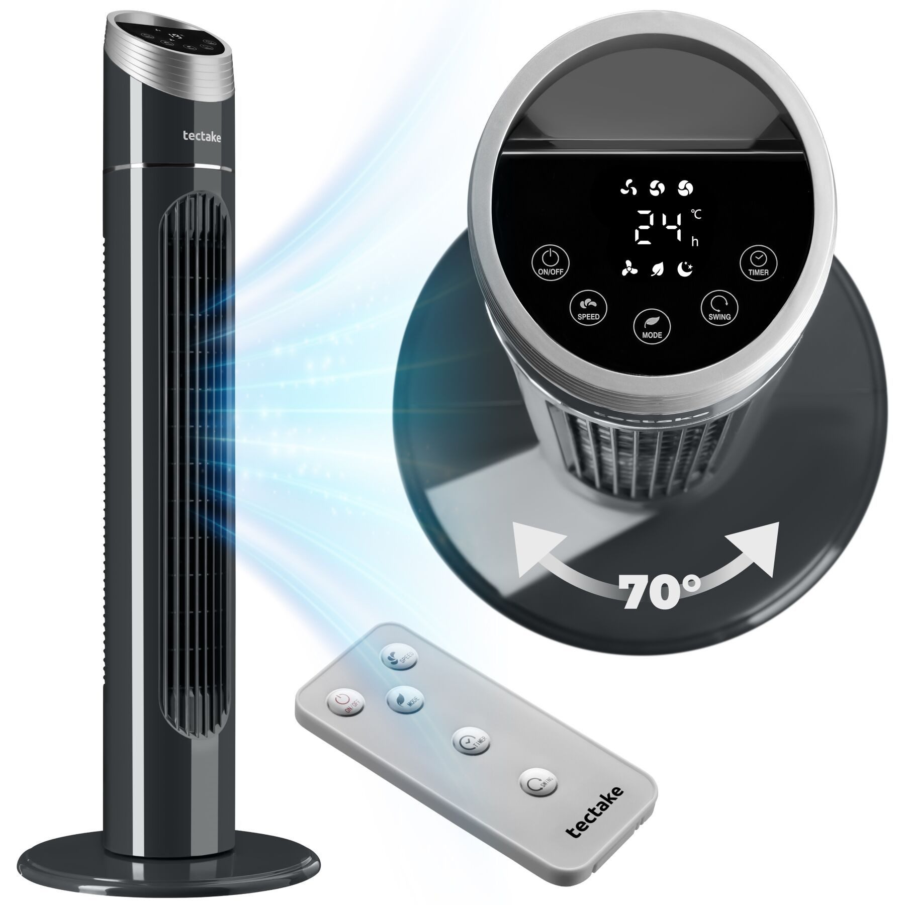 tectake Turmventilator Standlüfter in anthrazit, 3 Modi, 31 x 90 cm, Inkl. Fernbedienung, oszillierend, mit Timer-Funktion, Touch-Bedienfeld mit LED-Beleuchtung