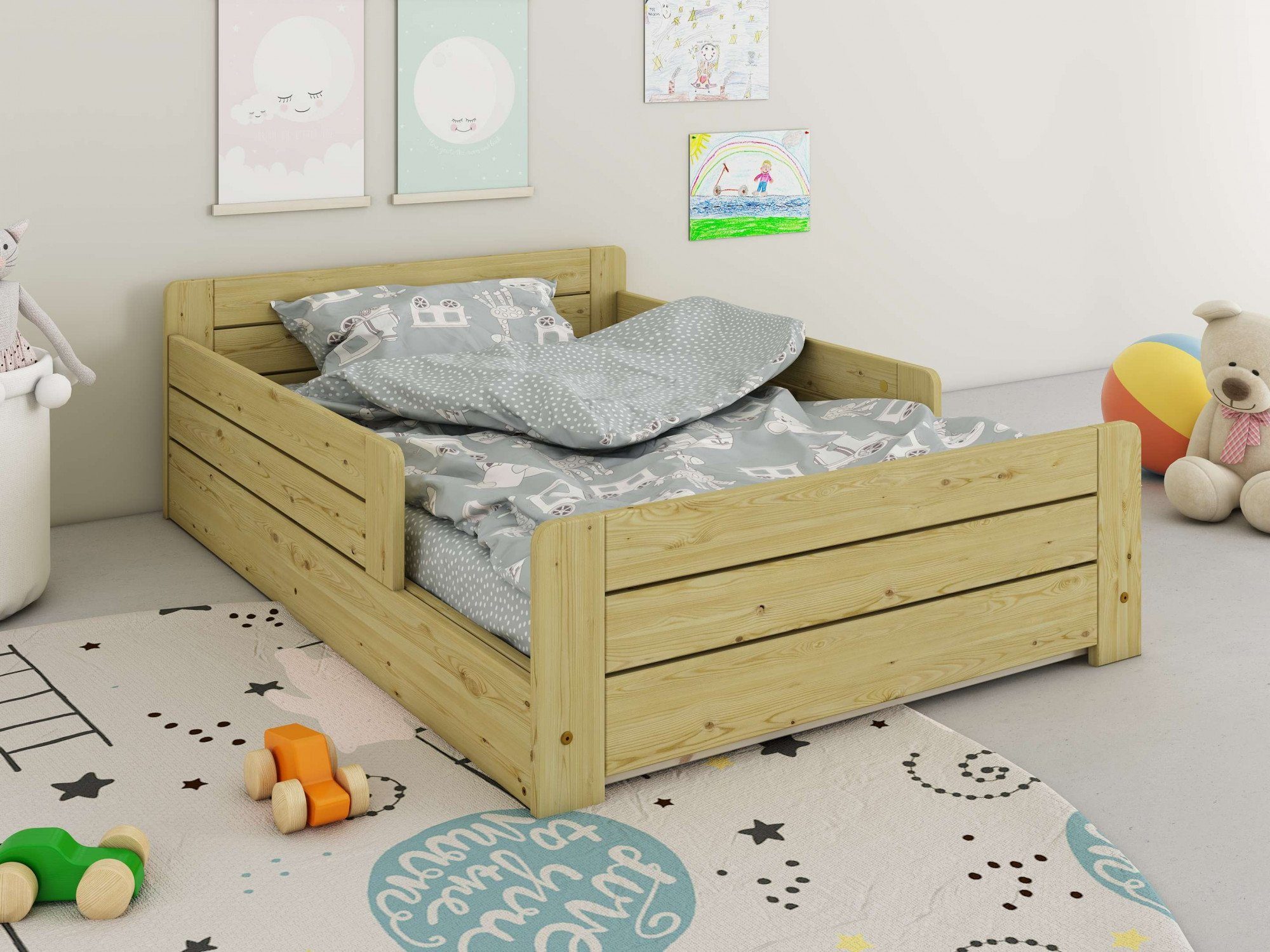 Massivholz Montessori 140cm-200cm Bodenbett,im Lüttenhütt " Stil, ANNEKE ausziehbar, Kinderbett zertifiziertes " Liegefläche von Kinderbett,