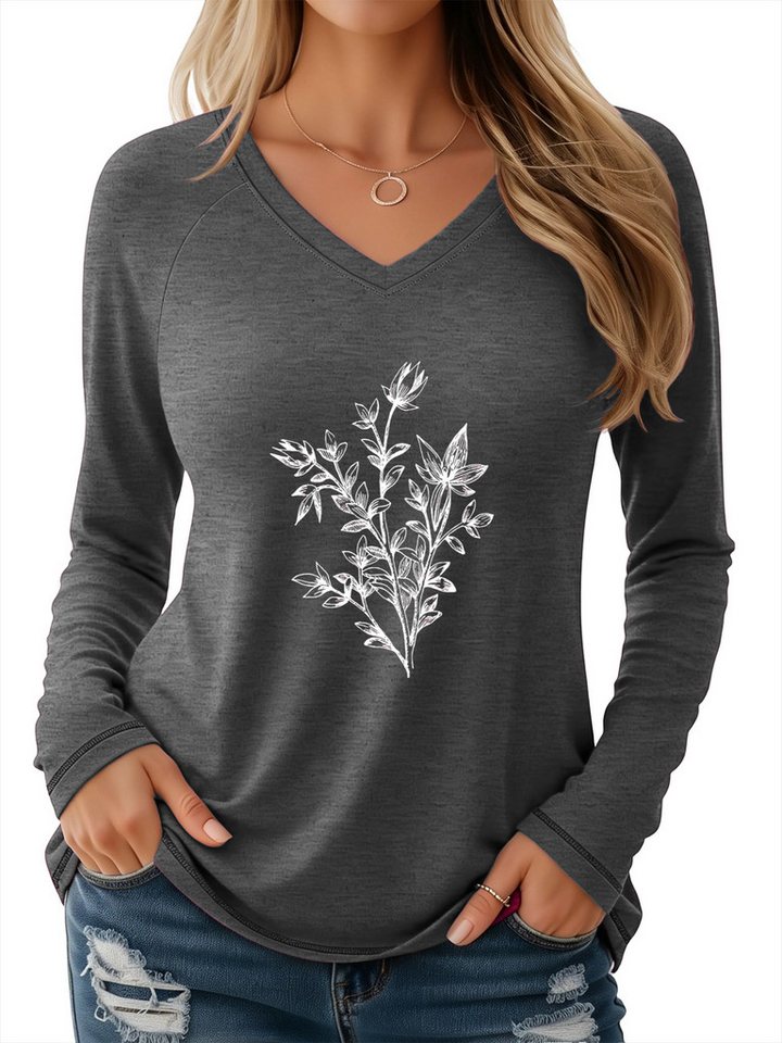 PYLIKE Langarmshirt Damen Langarm mit handgezeichnet Blumen Druck bequemes V-Shirt Geeignet für den täglichen Gebrauch im Büro und zu Hause