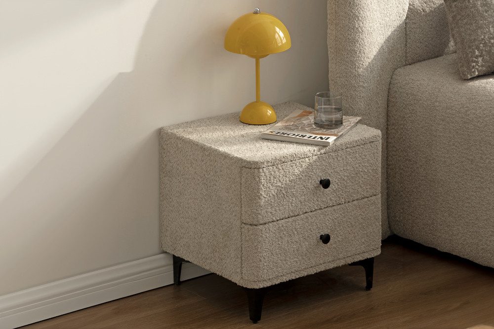 riess-ambiente Nachttisch ART DECO 45cm greige Bouclé – mit Schubladen, schwarzes Metallgestell (Einzelartikel, 1-St), moderner Look, 2 Schubladen, filigrane Beine, stilvoller Bouclé-Stoff