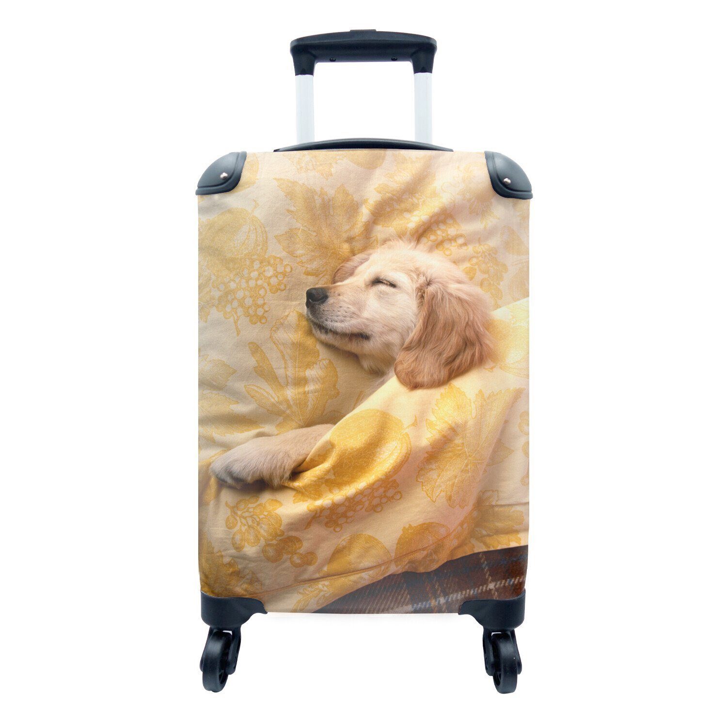 MuchoWow Handgepäckkoffer Golden Retriever Welpe liegt auf dem Bett, 4 Rollen, Reisetasche mit rollen, Handgepäck für Ferien, Trolley, Reisekoffer