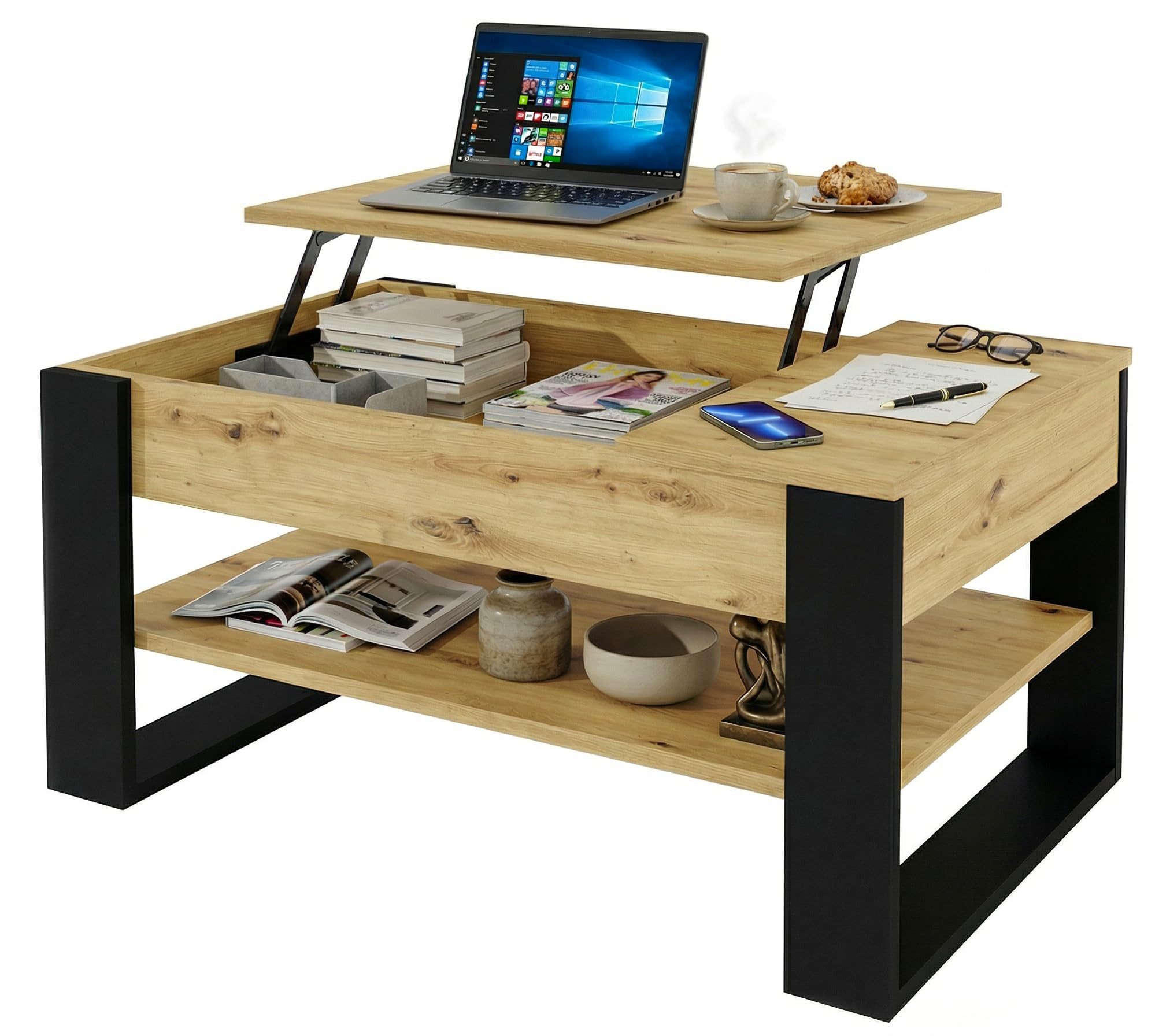 TREND WERK Couchtisch Lift-Couchtisch höhenverstellbar Sofatisch 92×54 cm mit Stauraum (verstecktem Fach Wohnzimmertisch Holz modern Wohnzimmertisch)