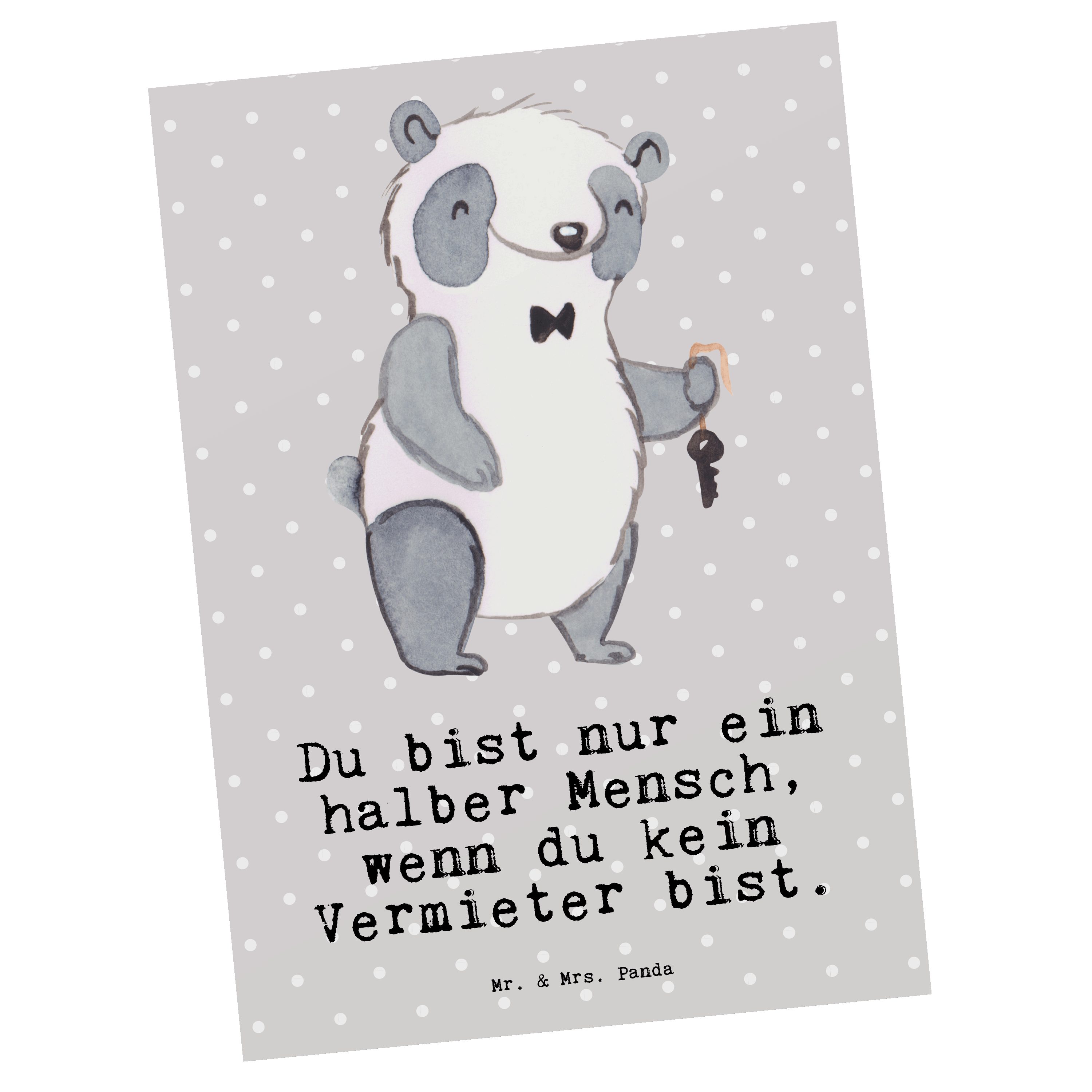 Mr. & Mrs. Panda Postkarte Vermieter mit Herz - Grau Pastell - Geschenk, Geschenkkarte, Dankesch