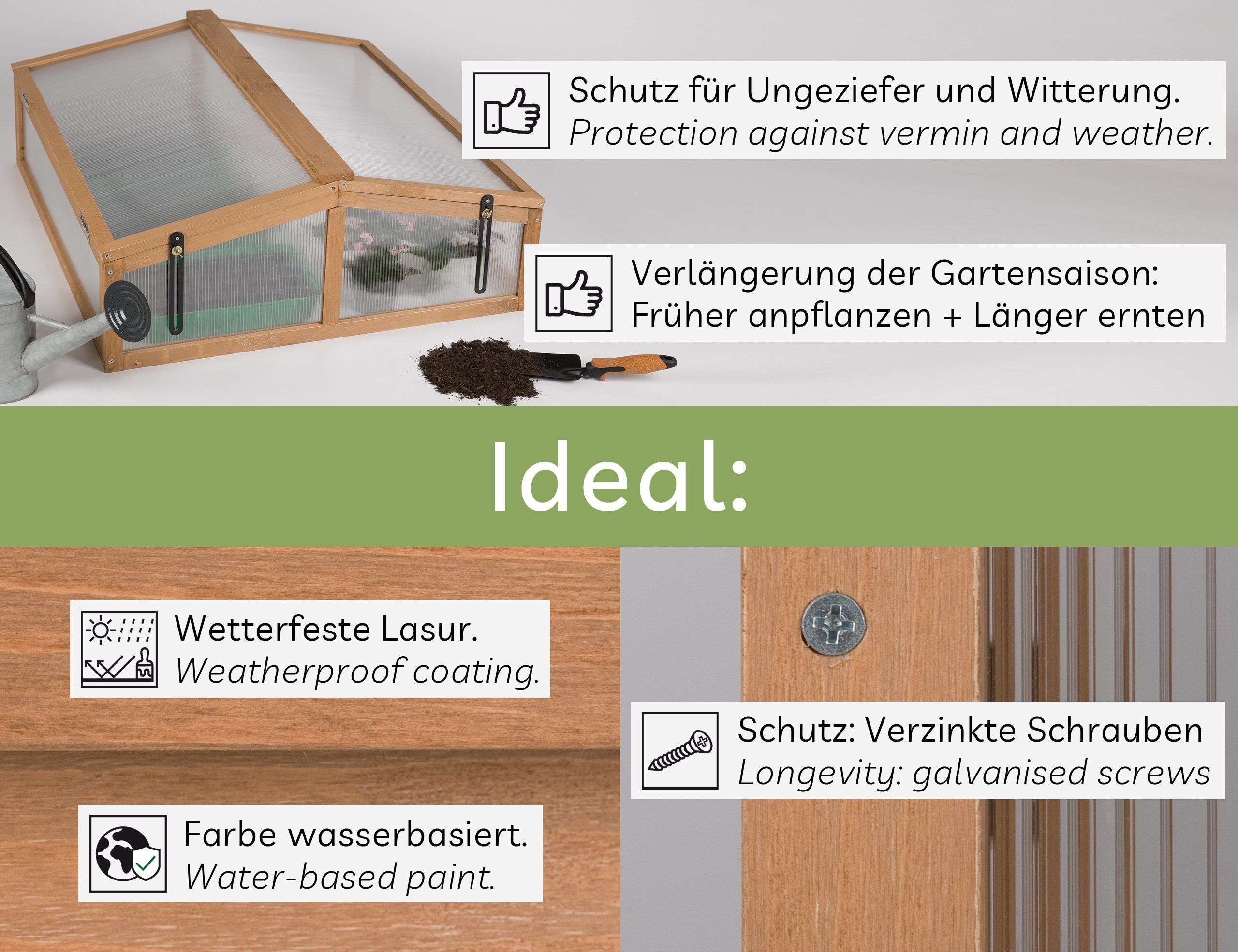 needs&wants® Frühbeet Aufsatz Holz Abdeckung Frühbeetkasten Gewächshaus mit Deckel Hochbeet, Bausatz klein wetterfest für Garten Outdoor Polycarbonat Acryl nied – Bild 4 von 5