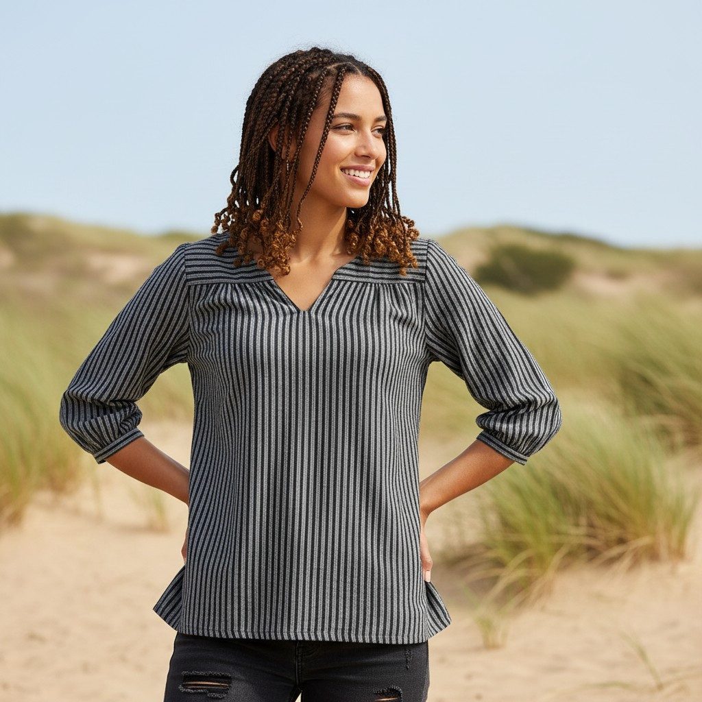 Guru-Shop Longbluse Leichte Baumwollbluse, gestreifte Boho.. alternative Bekleidung