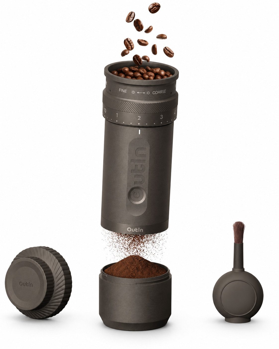 OutIn Kaffeemühle OutIn Fino Coffee Grinder Kaffeemühle 28 Stufen Kegelmahlwerk Mobil, 38-mm-Kegelmahlwerk aus gehärtetem 420er Edelstahl mit siebeneckiger 7-Stern-Geometrie, 25 g Bohnenbehälter, 28 Mahlgrade, 38-mm-Siebeneckiges 7-Stern-Edelstahl-Kegelmahlwerk