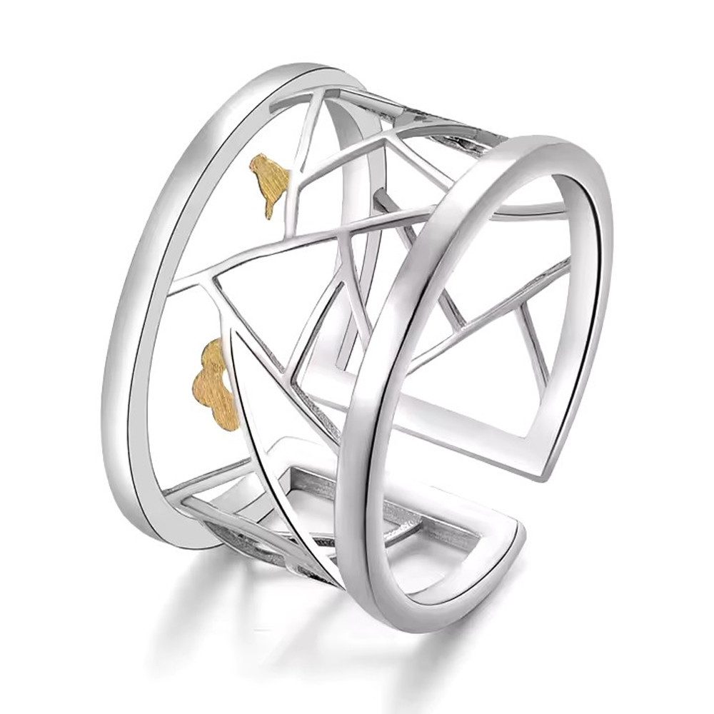 Silberring handgefertigter breiter Ring "Vogel und Blume"