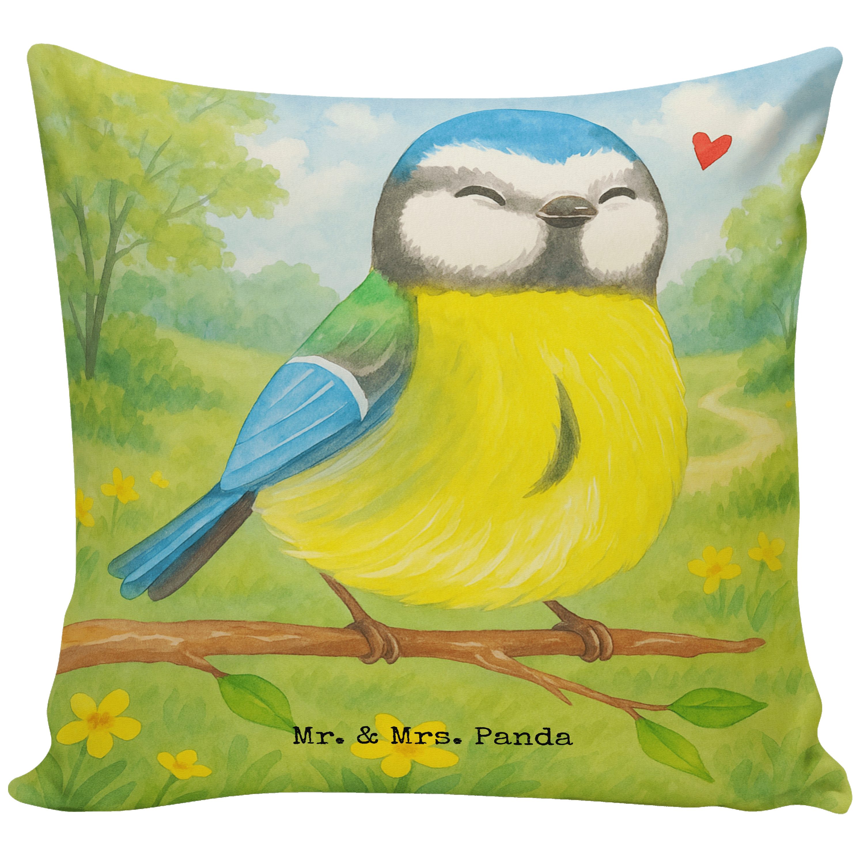 Mr. & Mrs. Panda Dekokissen Vogel Blaumeise Design, Dekokissen, Weiß, Kleines Kissen, Frühling, O, Geschenk Kissen 40x40 mikrofaser zierkissen