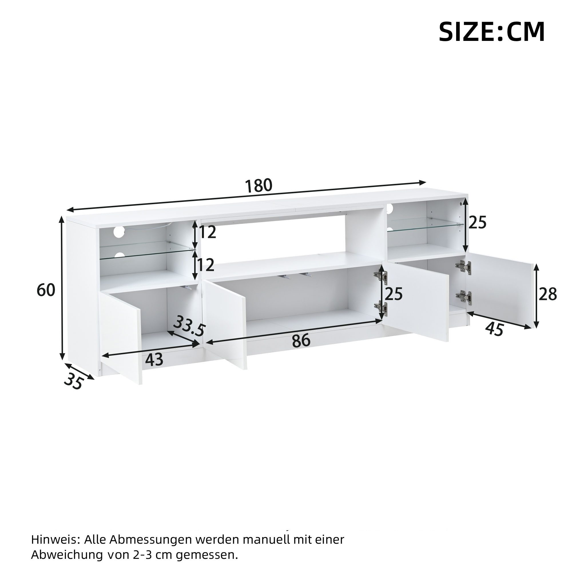 Celya TV-Schrank offener Schrank mit LED-Beleuchtung (mit 4 Flügeltüren, 8 Stauräume und Hochglanz-Schrank) für Fernseher bis zu 75 Zoll, für Wohnzimmer, Esszimmer