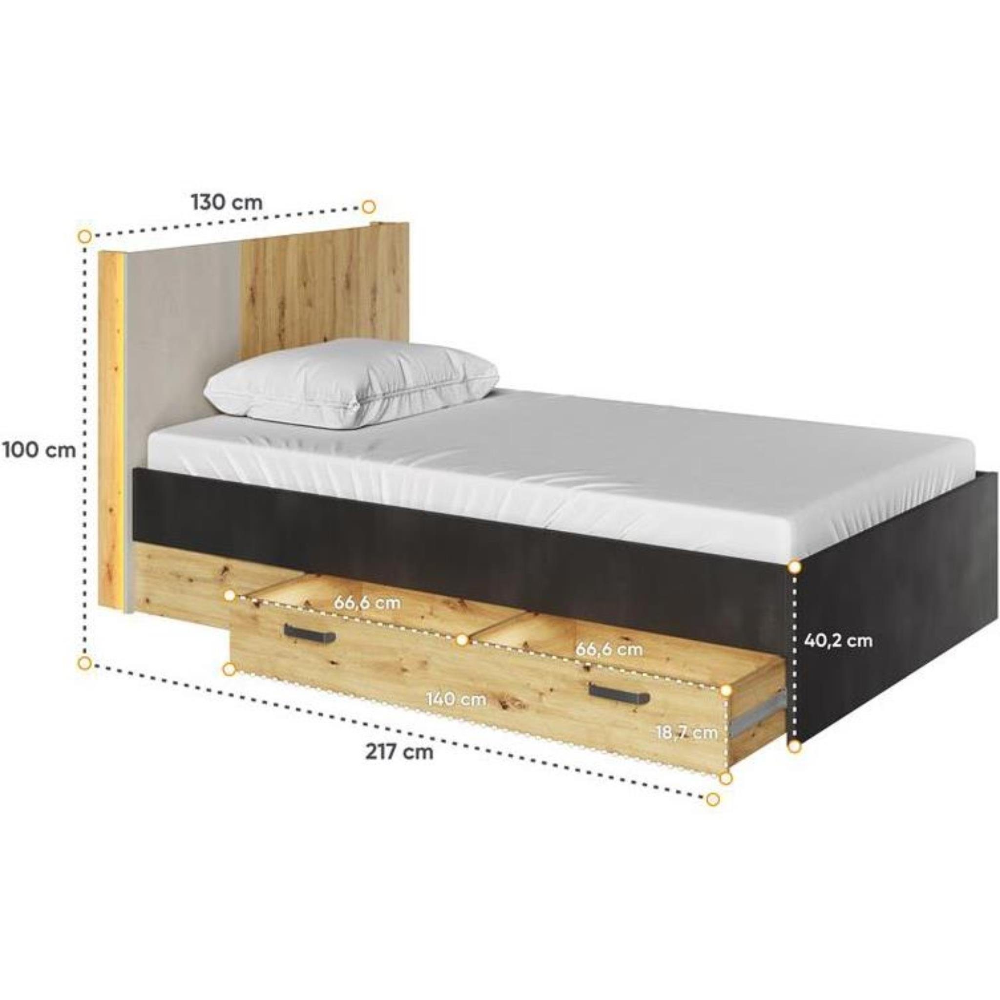mit im Bett Einzelbett Beautysofa 2 Bettkasten, Schubladen, Stil Holzbett Qubic Holzgestell), LED-Beleuchtung, modernes (inkl.