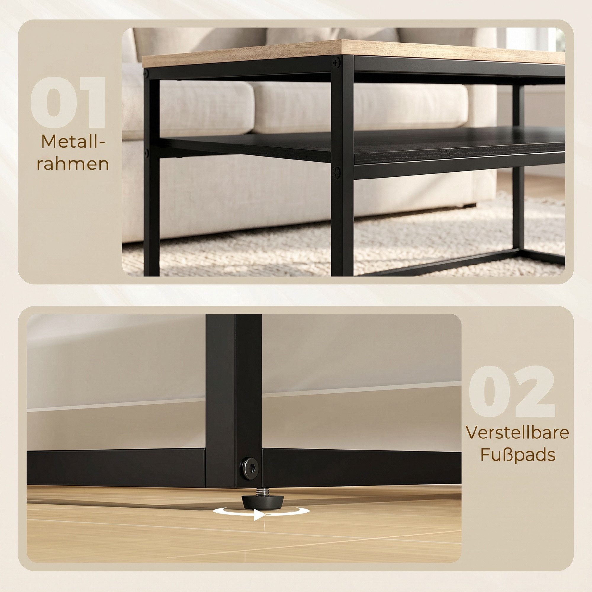 HOMCOM Couchtisch Wohnzimmertisch Beistelltisch mit Ablage (Sofatisch, 1-St., 1 Tisch), für Wohnzimmer, Schlafzimmer, 100 x 59 x 47 cm, Eiche – Bild 5 von 5