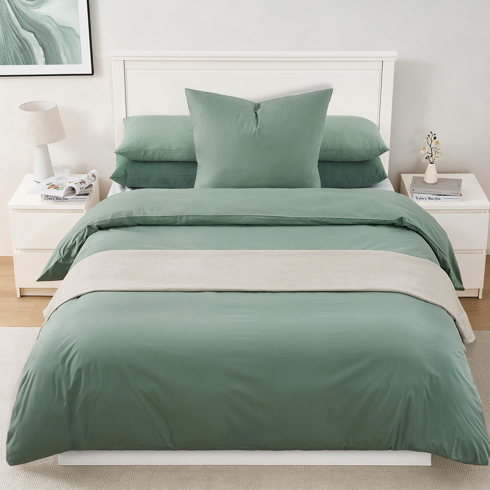 Topfinel Bettwäsche 135 x 200 baumwolle weich hautfreundlich Allergiker Baby ganzjährig, Baumwolle, 2 teilig, bettwäsche-sets 135 X 200 mit reißverschluss Salbeigrün Einfarbig boho