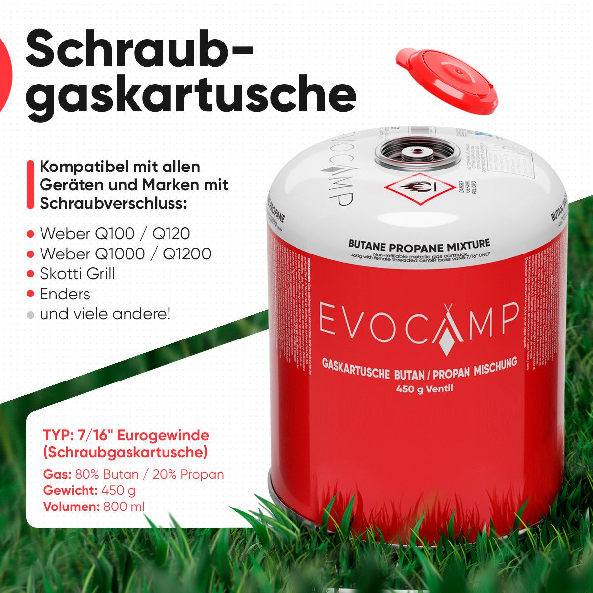 EVOCAMP Gaskartusche 12x Propan Butan 450g, Schraubkartusche Eurogewinde 7/16", Zubehör für Weber Grills Q100-1200-Serien, 12 St. – Bild 3 von 5