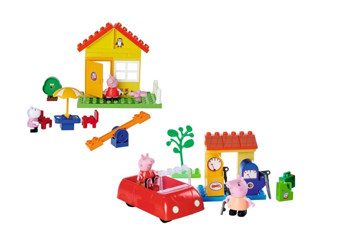 Lernspielzeug Bloxx Peppa Pig Spielset mit Gartenhaus, Auto, Tankstelle und Zubehör