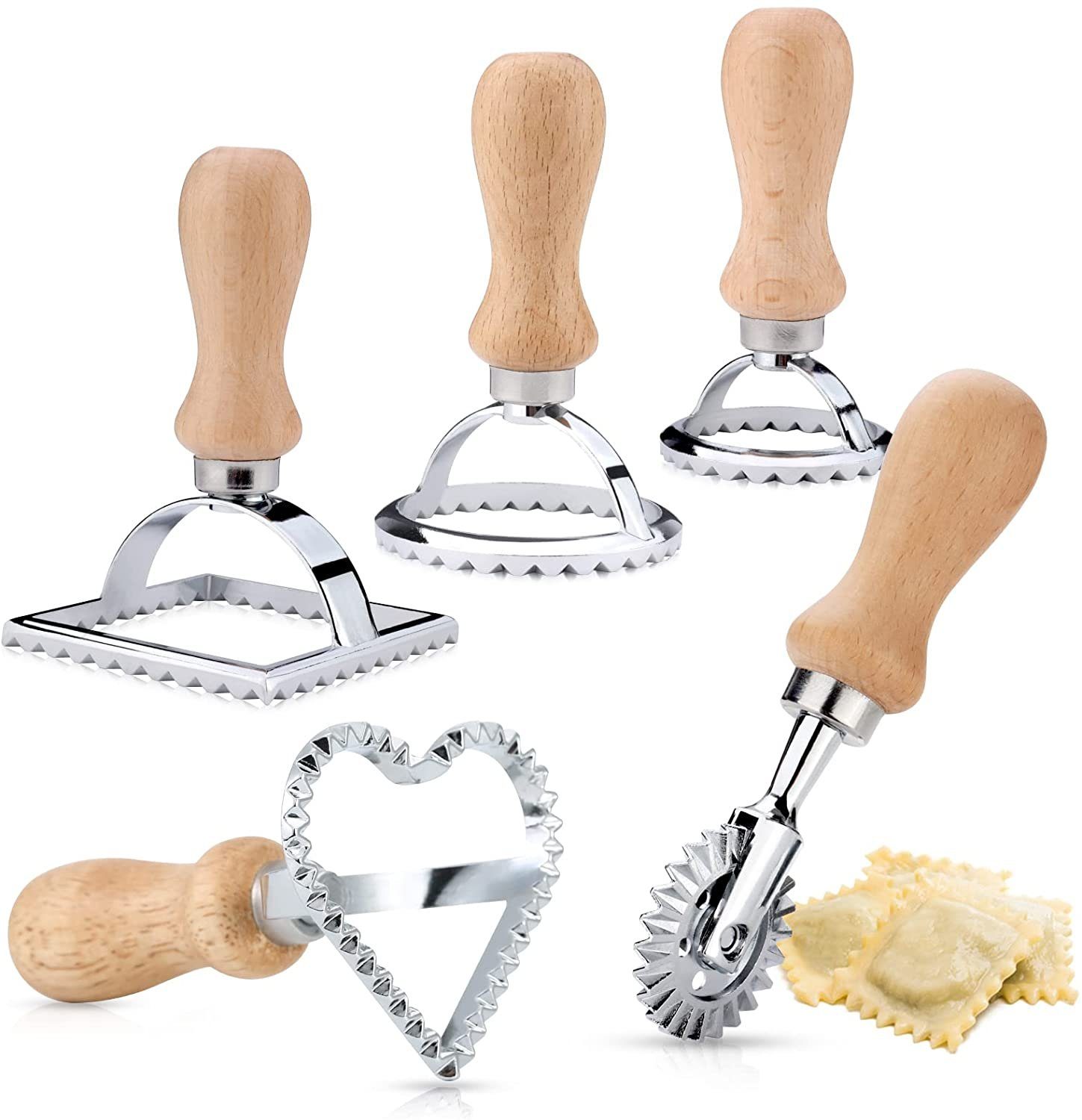 zggzerg Tagliatelleschneidvorsatz Ravioli-Ausstecher-Former, 5er-Set, Holzgriff und Pizzateiler
