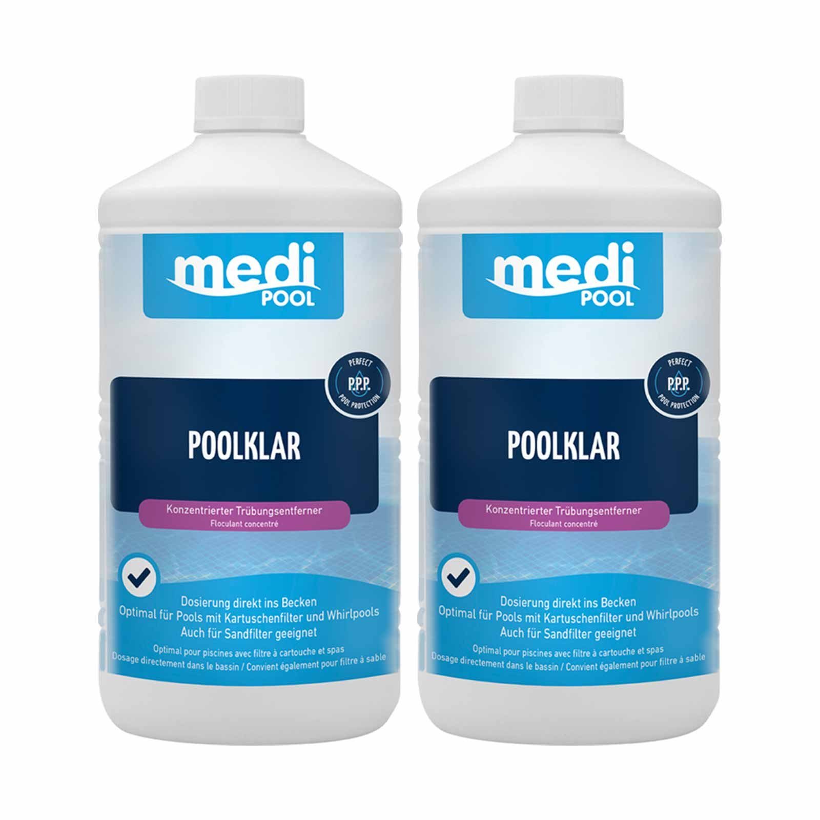 mediPOOL Poolpflege PoolKlar 2x1L, Trübungsbeseitiger Wasserpflege Poolreiniger, (Set)