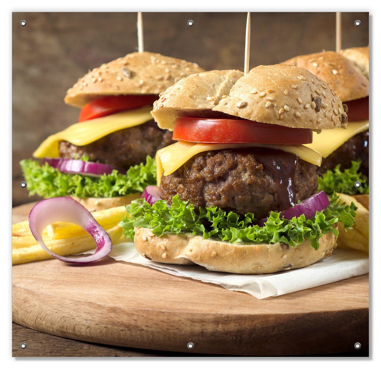 Sonnenschutz Saftige Burger auf Holzbrett, Wallario, blickdicht, mit Saugnäpfen, wiederablösbar und wiederverwendbar