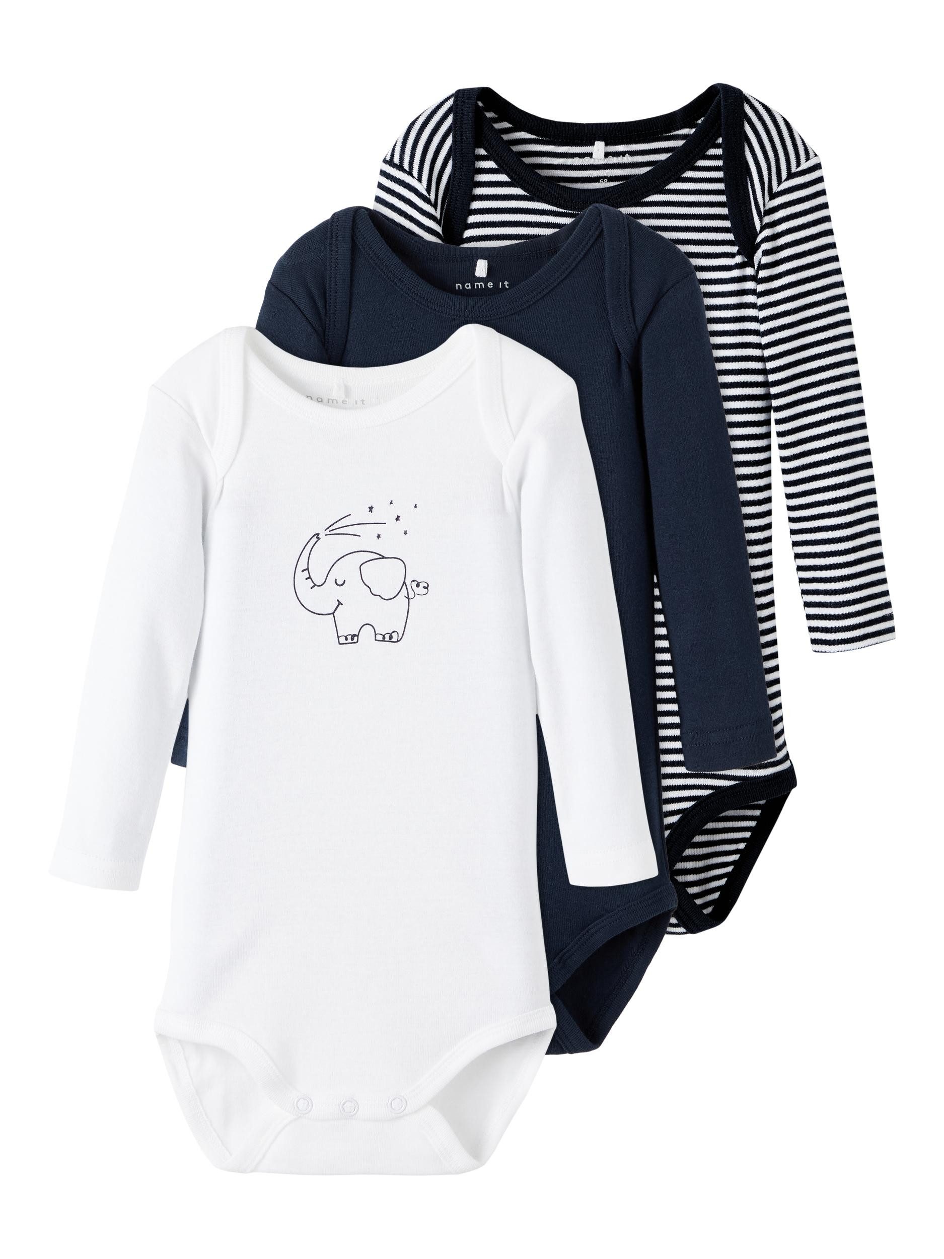 Name It Langarmbody Baby "Elefant" im 3er Pack Dark Sapphire 74 (Packung, 3-tlg., 3er-Pack) mit Druckknöpfen im Schritt